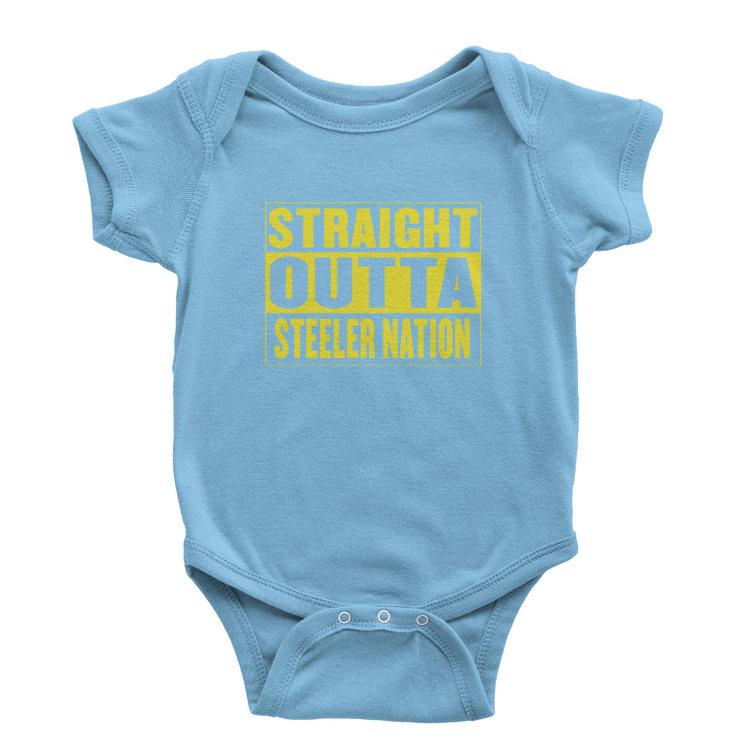 Straight Outta Steeler Nation Football graphic on Onesie and Toddler T-Shirt in Light Blue