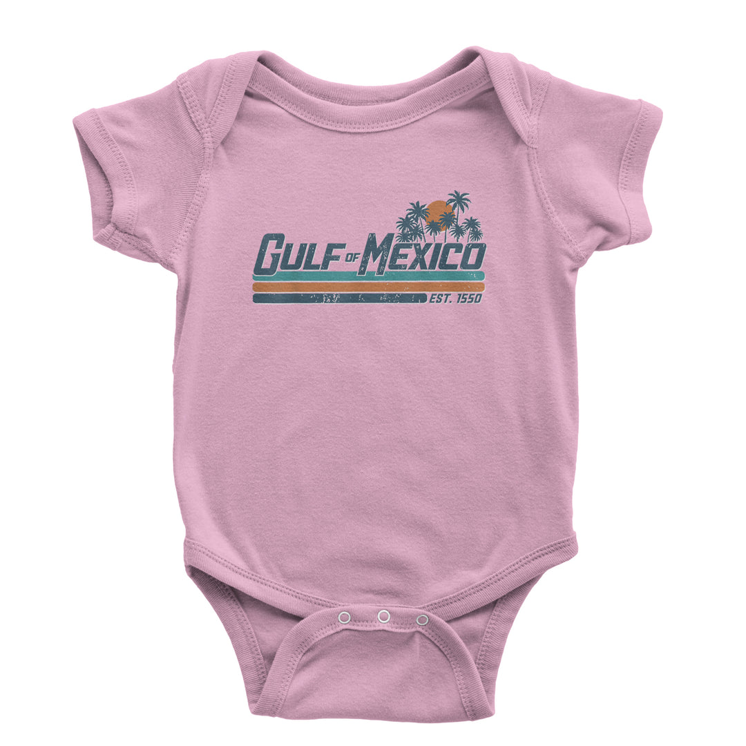 Vintage sunset and palm "Gulf of Mexico" "EST." artwork on Infant Baby Rib Bodysuit and Toddler Cotton Jersey T-Shirt