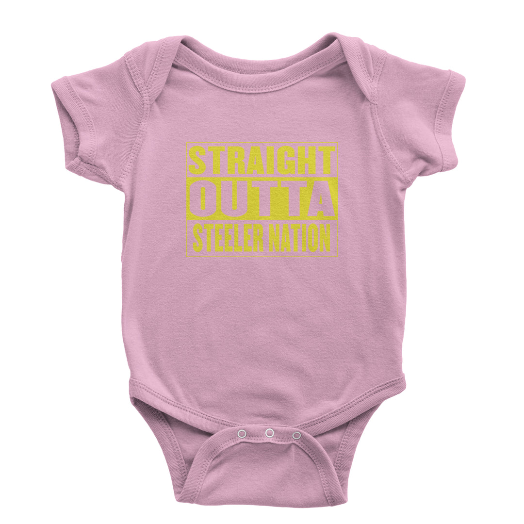 Straight Outta Steeler Nation Football graphic on Onesie and Toddler T-Shirt in Light Pink
