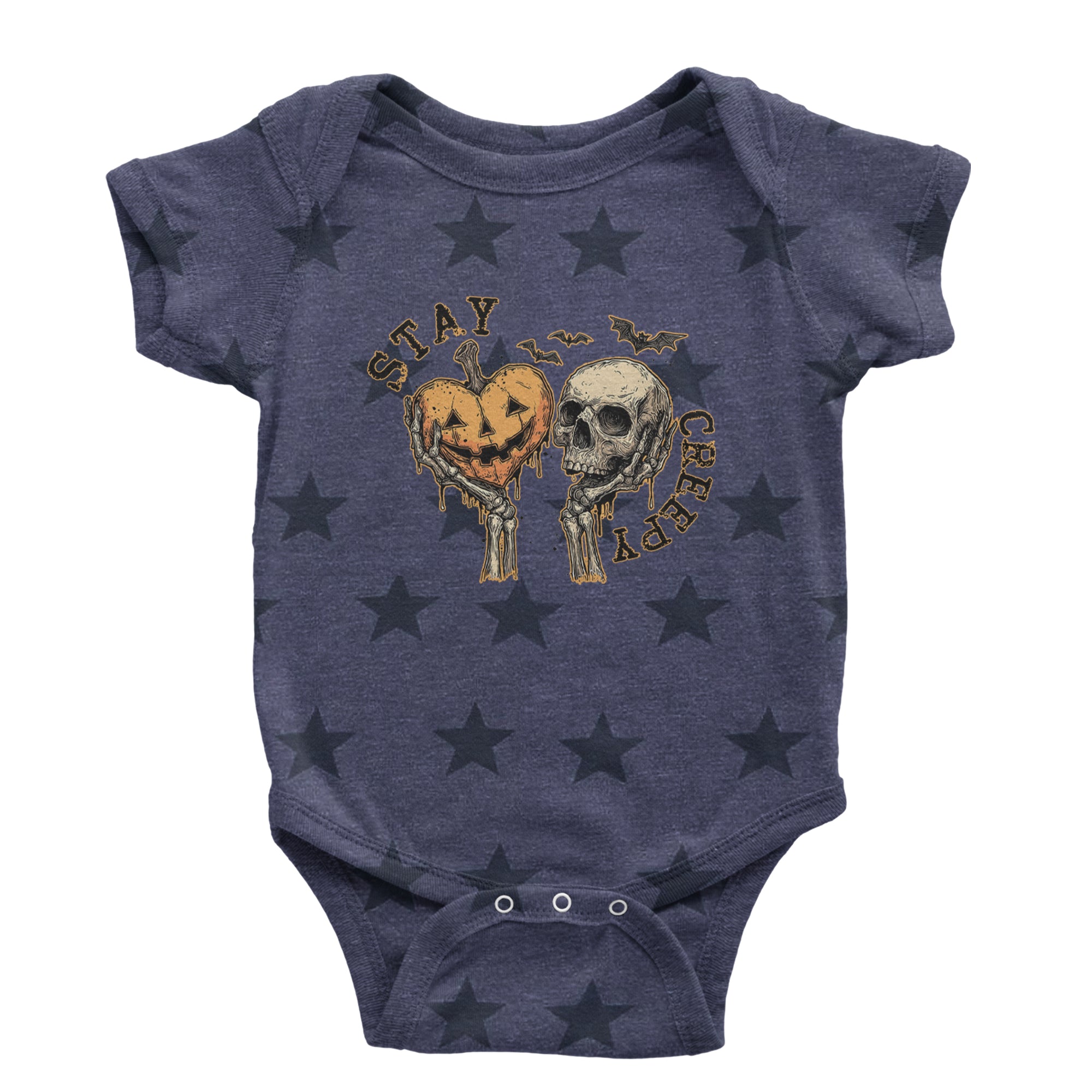 Stay Creepy Skull and Pumpkin Halloween Infant One-Piece Romper Bodysuit Or Toddler T-shirt Navy Blue STAR