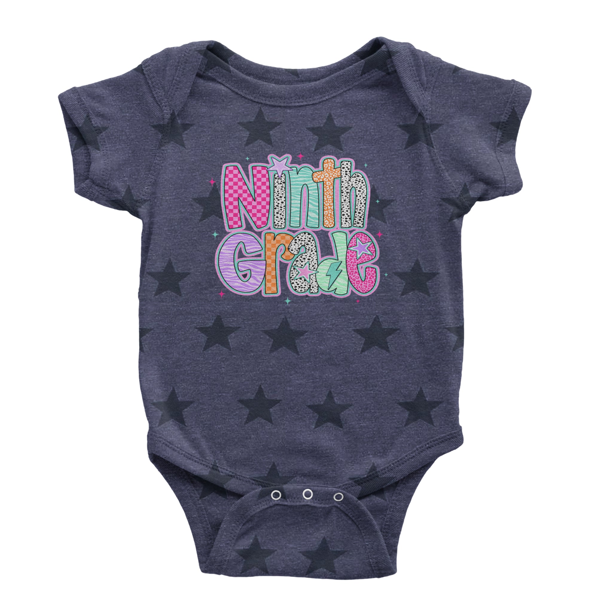 Ninth Grade Freshman Vibes Colorful Back to School Infant One-Piece Romper Bodysuit Or Toddler T-shirt Navy Blue STAR