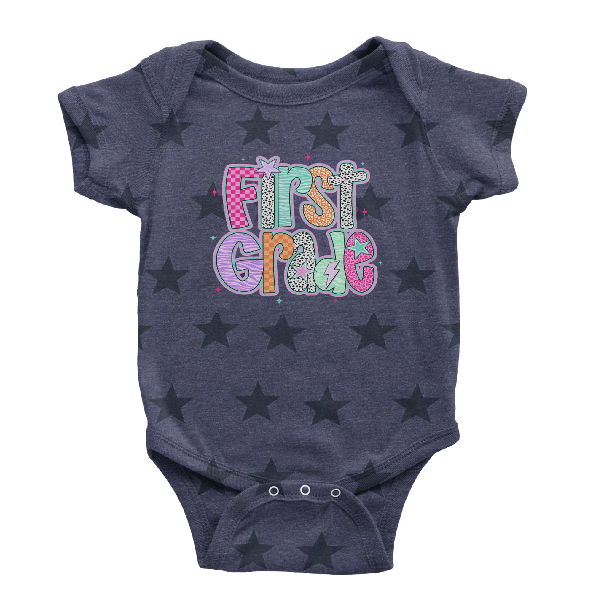 First Grade Vibes Colorful Back to School Infant One-Piece Romper Bodysuit Or Toddler T-shirt Navy Blue STAR