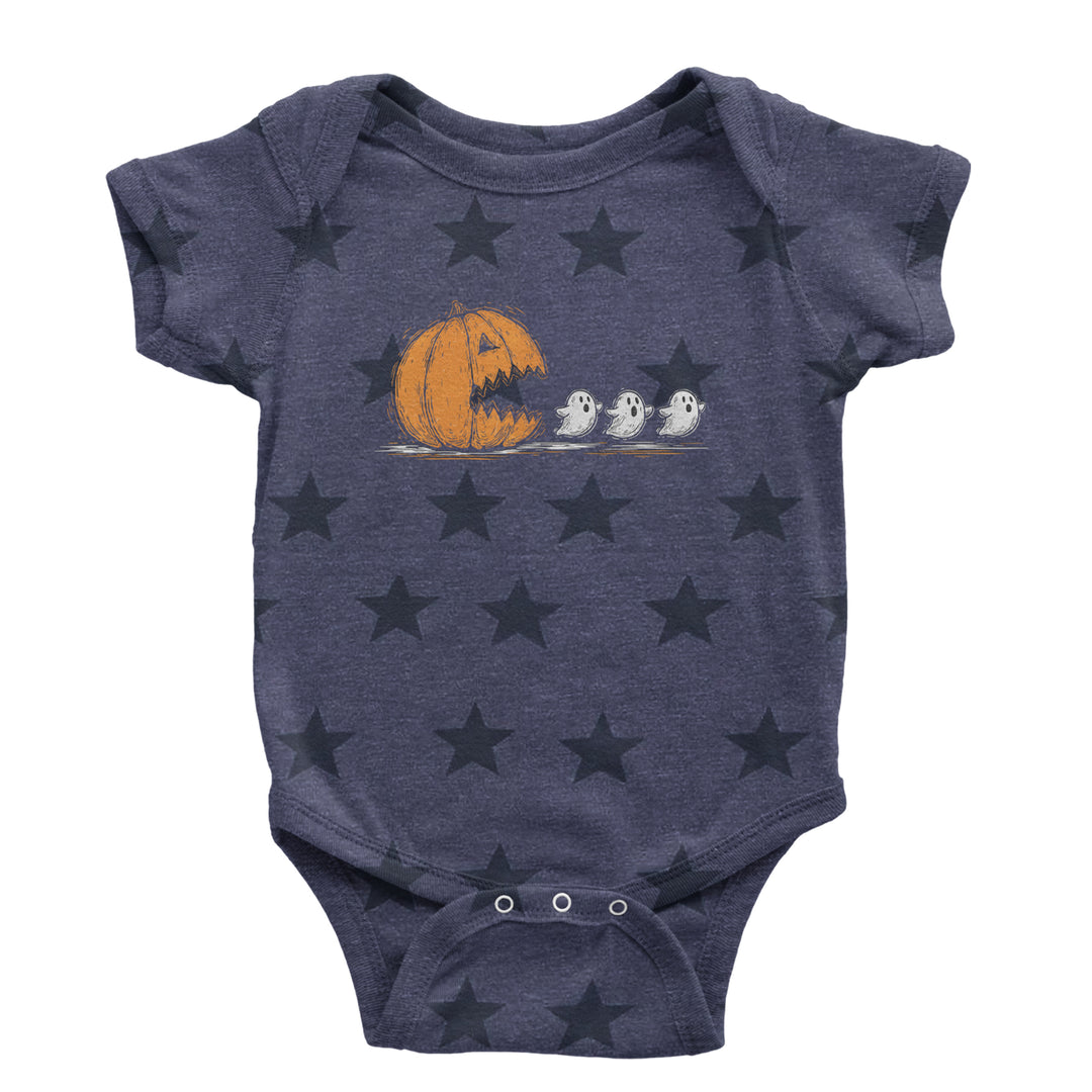Pumpkin Pacman Chasing Ghosts Halloween Infant One-Piece Romper Bodysuit Or Toddler T-shirt Navy Blue STAR