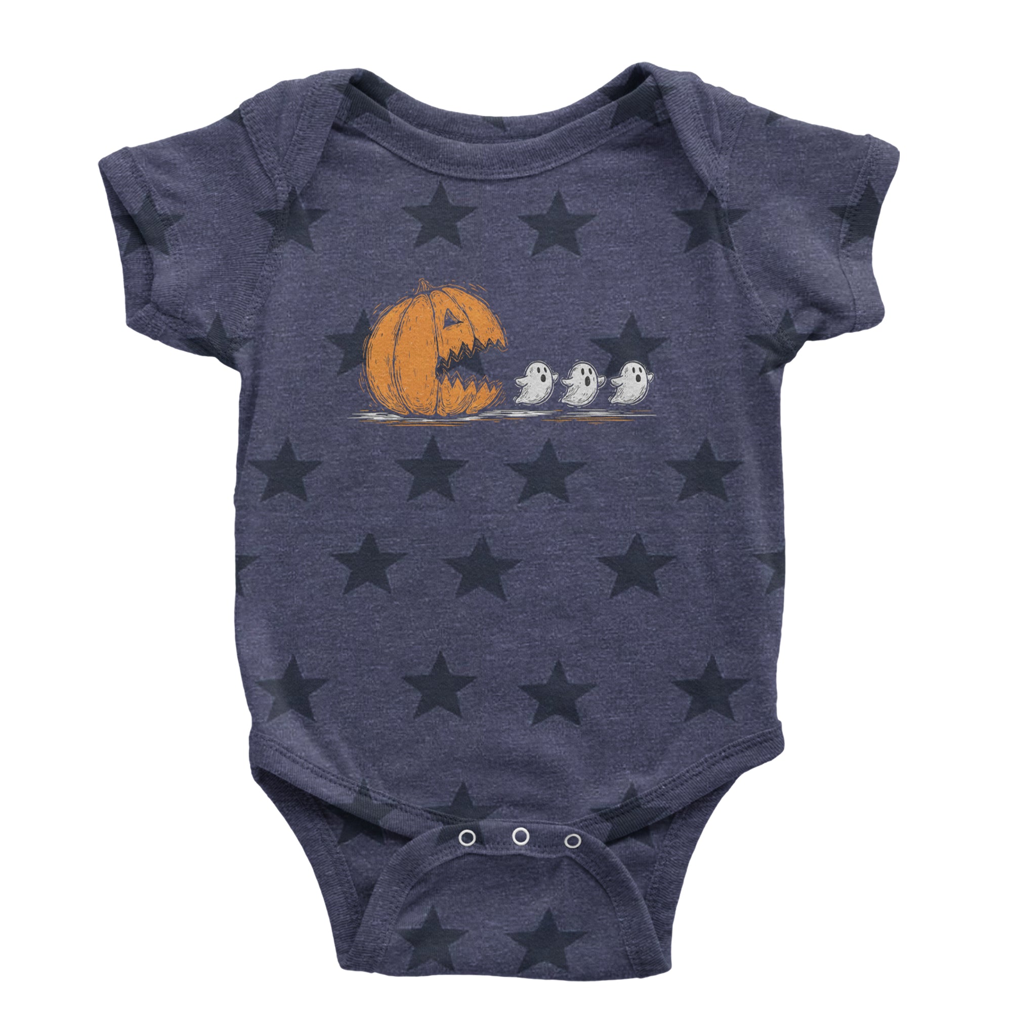 Pumpkin Pacman Chasing Ghosts Halloween Infant One-Piece Romper Bodysuit Or Toddler T-shirt Navy Blue STAR
