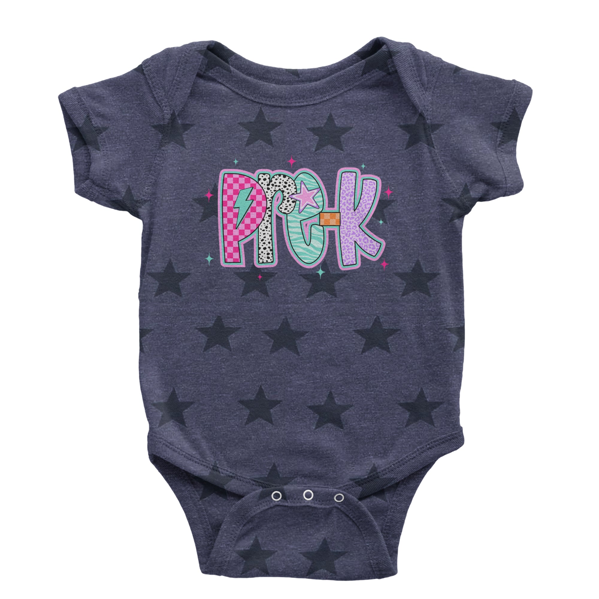 Pre-K Party Time Colorful Back to School Infant One-Piece Romper Bodysuit Or Toddler T-shirt Navy Blue STAR