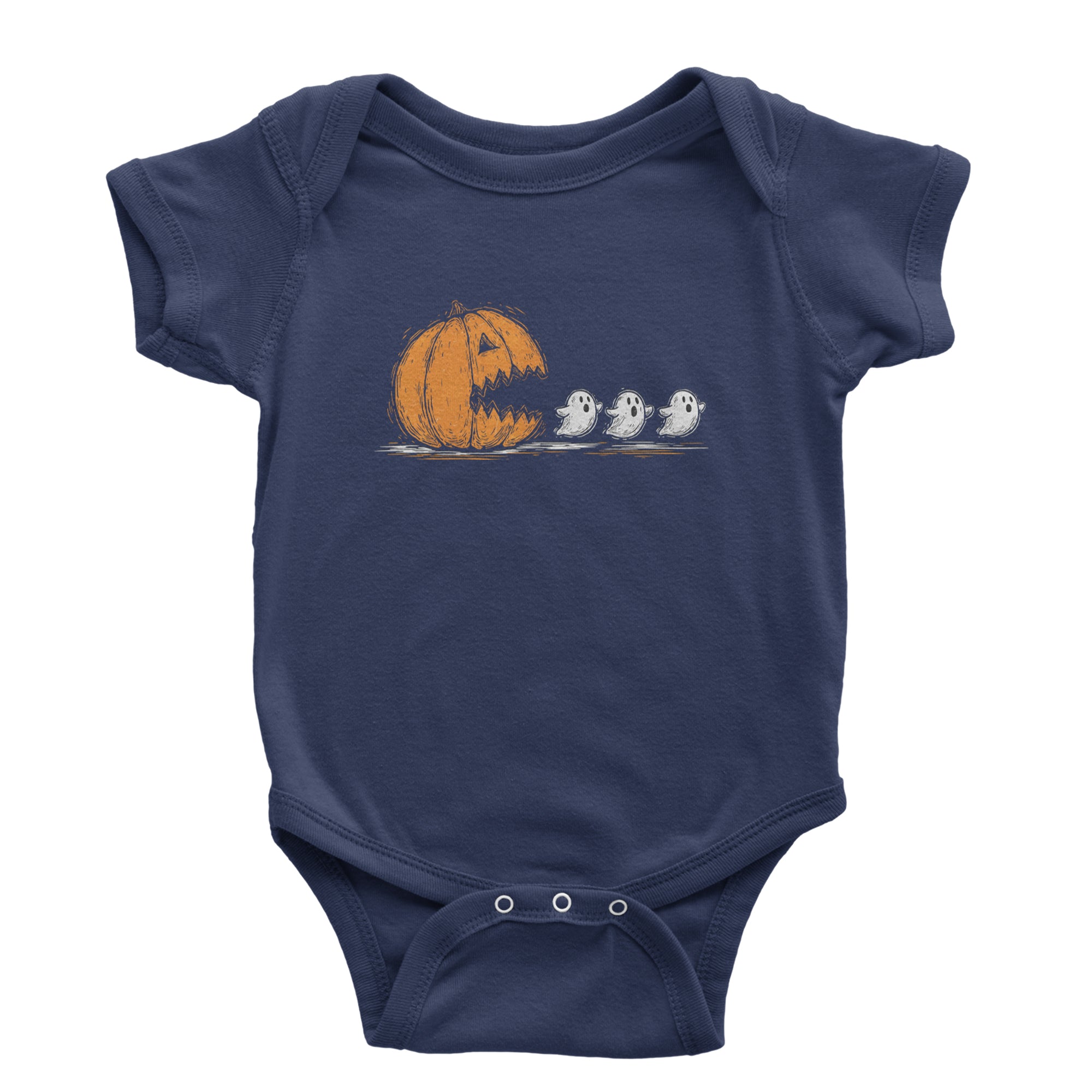 Pumpkin Pacman Chasing Ghosts Halloween Infant One-Piece Romper Bodysuit Or Toddler T-shirt Navy Blue