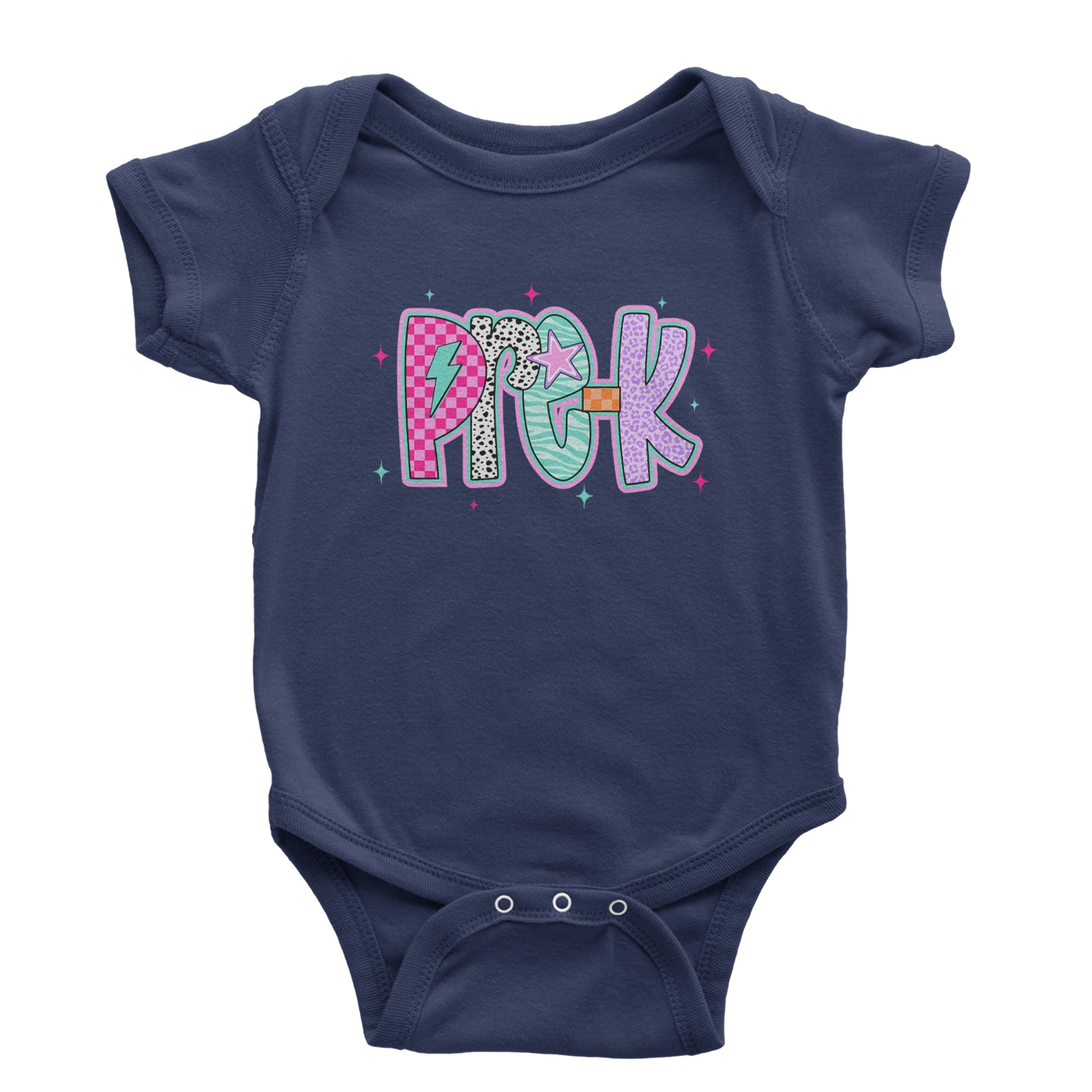 Pre-K Party Time Colorful Back to School Infant One-Piece Romper Bodysuit Or Toddler T-shirt Navy Blue