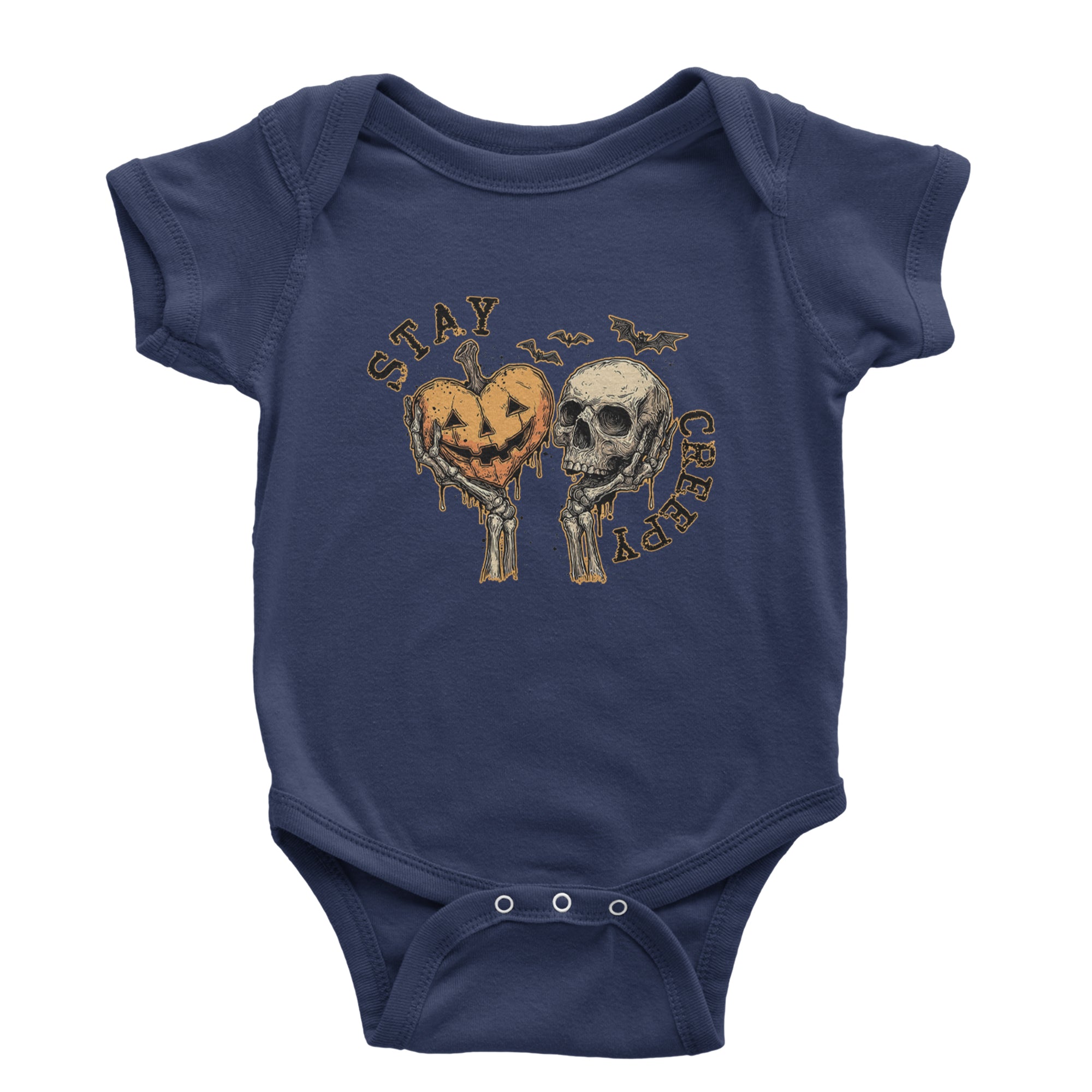 Stay Creepy Skull and Pumpkin Halloween Infant One-Piece Romper Bodysuit Or Toddler T-shirt Navy Blue