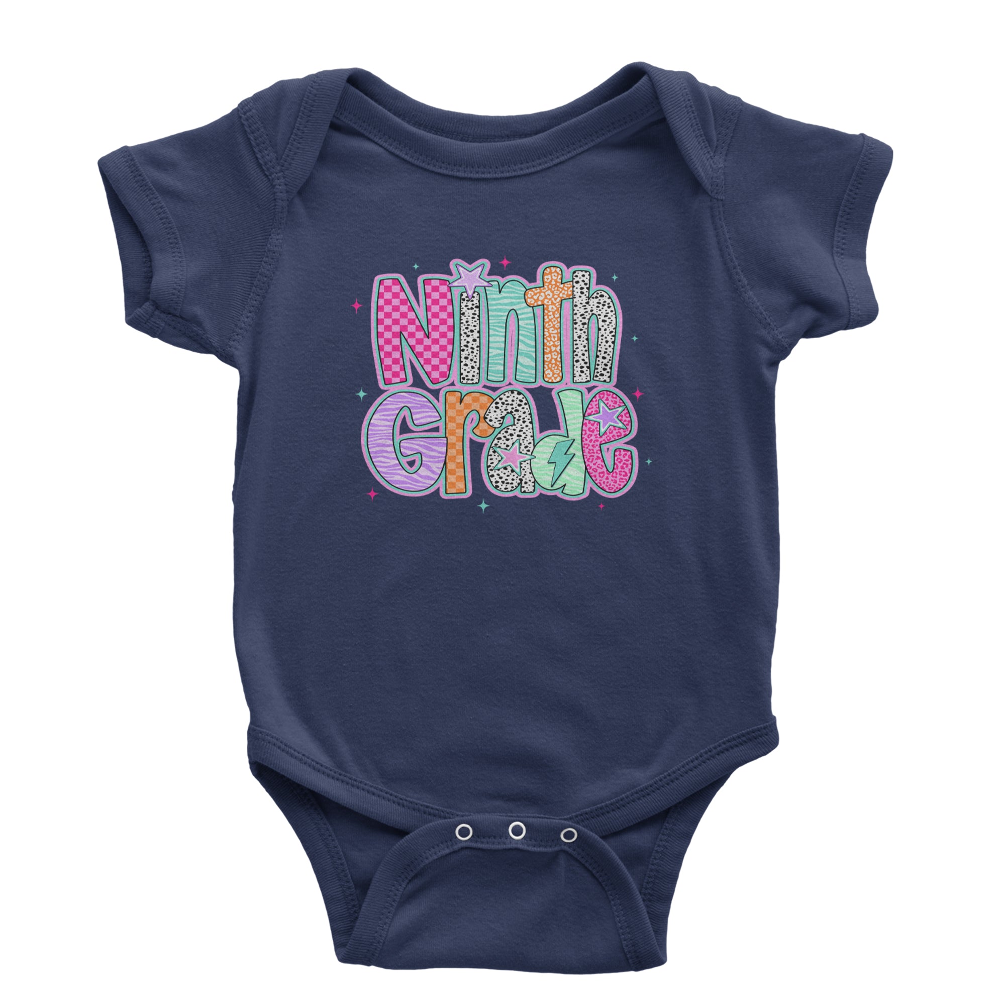 Ninth Grade Freshman Vibes Colorful Back to School Infant One-Piece Romper Bodysuit Or Toddler T-shirt Navy Blue