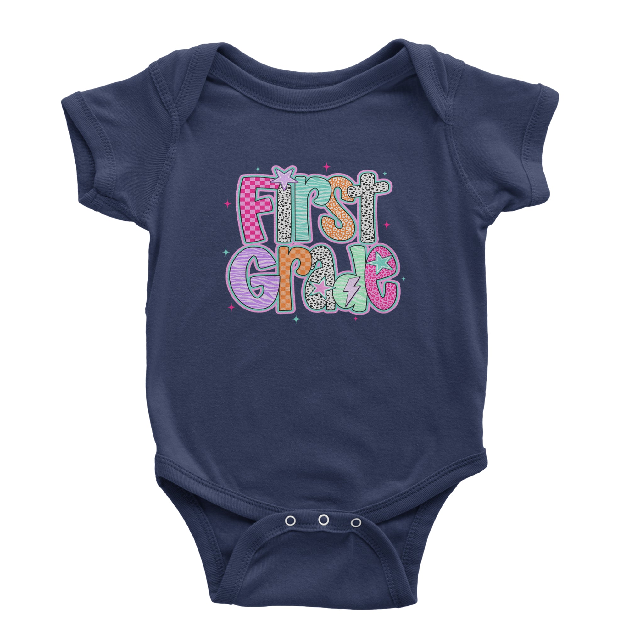 First Grade Vibes Colorful Back to School Infant One-Piece Romper Bodysuit Or Toddler T-shirt Navy Blue