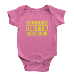 Straight Outta Steeler Nation Football graphic on Onesie and Toddler T-Shirt in Raspberry