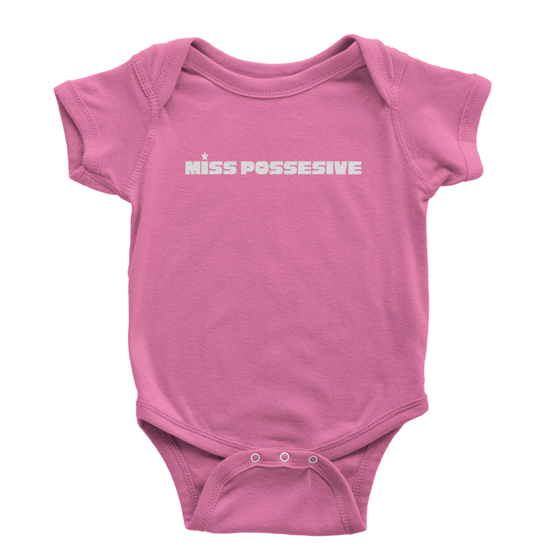 "MISS POSSESSIVE" bold text graphic on Infant Baby Rib Bodysuit and Toddler Cotton Jersey T-Shirt