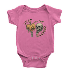 Stay Creepy Skull and Pumpkin Halloween Infant One-Piece Romper Bodysuit Or Toddler T-shirt Raspberry