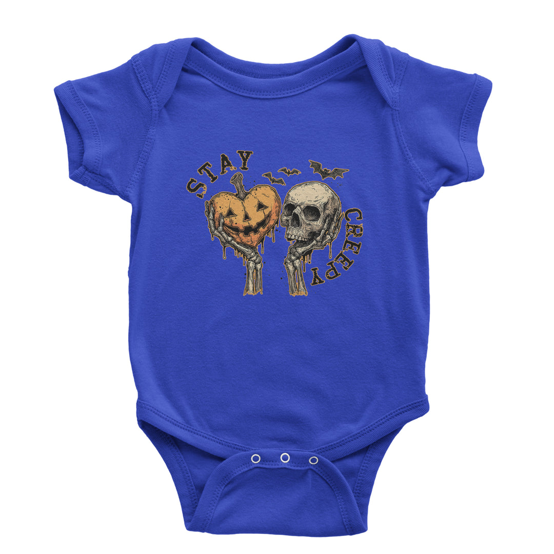Stay Creepy Skull and Pumpkin Halloween Infant One-Piece Romper Bodysuit Or Toddler T-shirt Royal Blue
