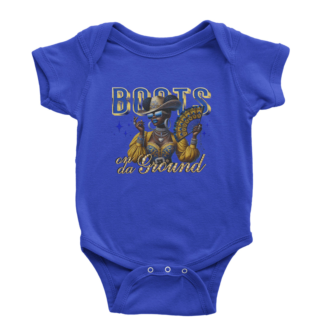 Boots On Da Ground Folding Fan Infant One-Piece Romper Bodysuit Or Toddler T-shirt Royal Blue