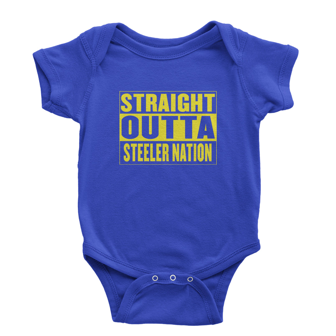 Straight Outta Steeler Nation Football graphic on Onesie and Toddler T-Shirt in Royal Blue