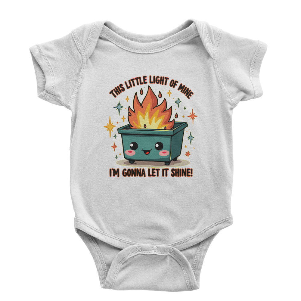 This Little Light of Mine Dumpster Fire Smile Face graphic on Onesie and Toddler T-Shirt in White