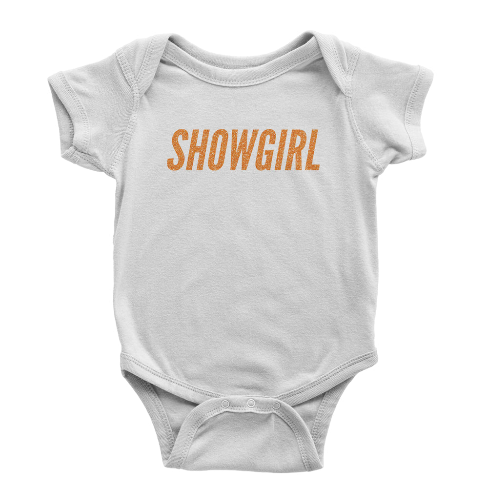 Showgirl Orange Glitter graphic on Onesie and Toddler T-Shirt in White