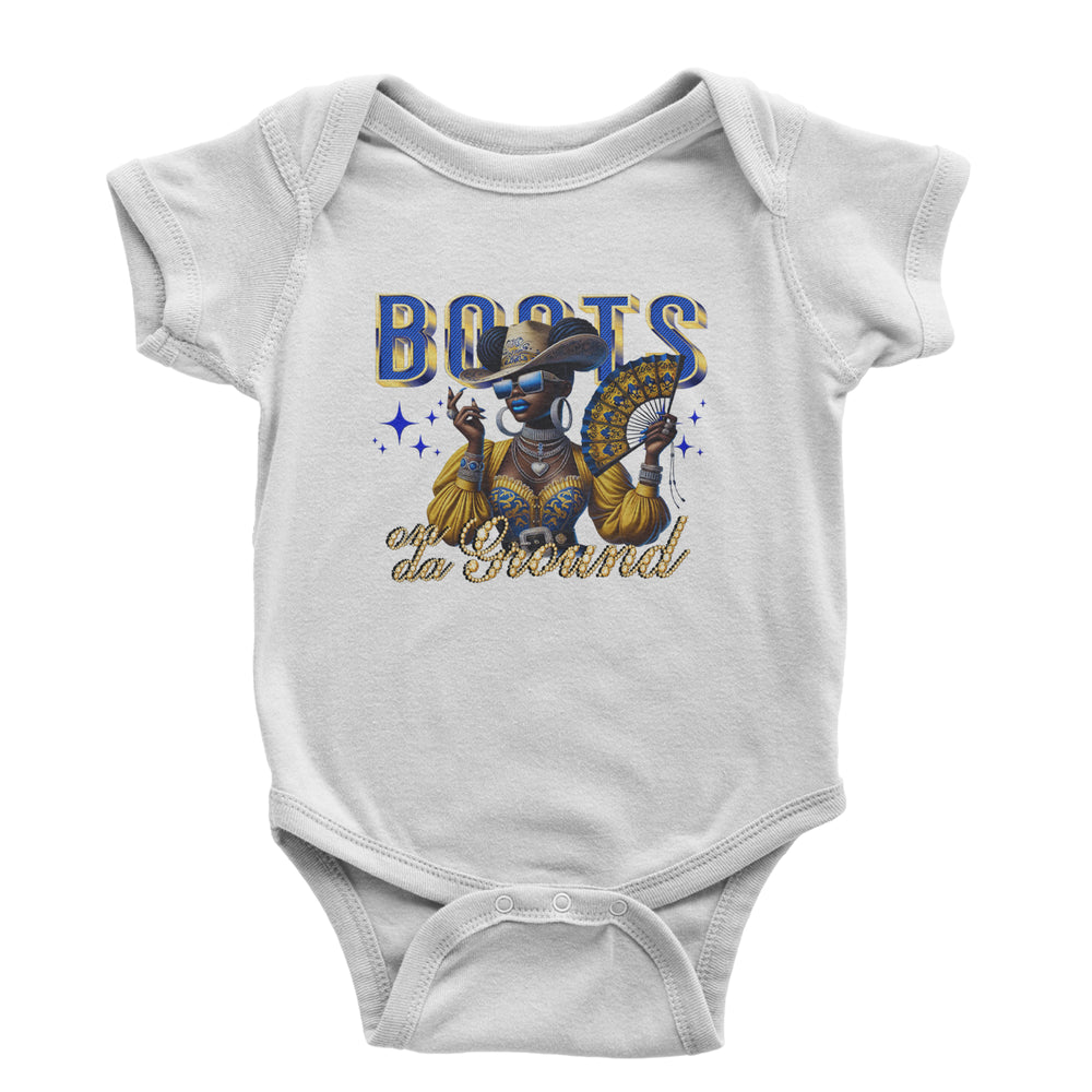 Boots On Da Ground Folding Fan graphic on Onesie and Toddler T-Shirt in White