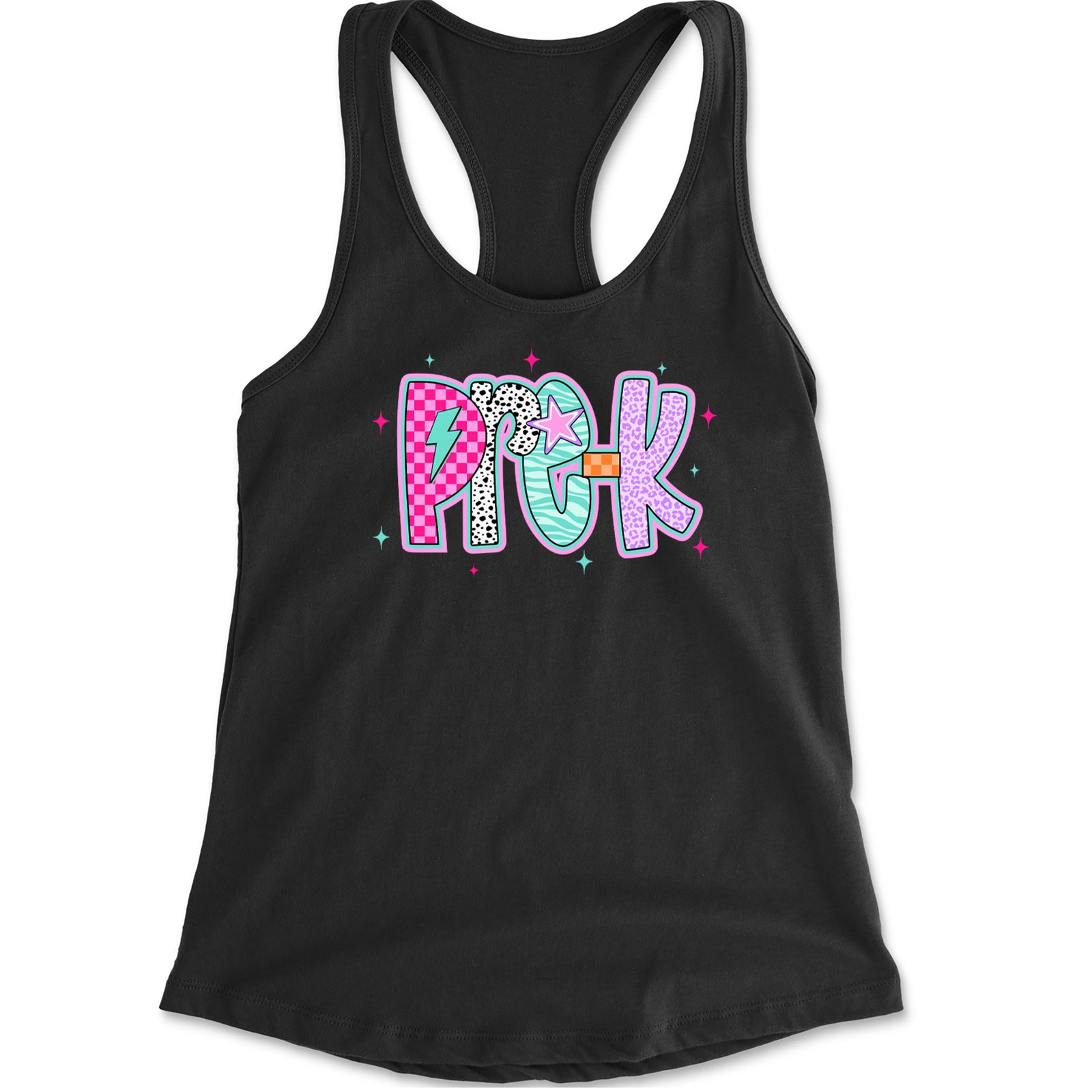 Pre-K Party Time Colorful Back to School Racerback Tank Top for Women Black
