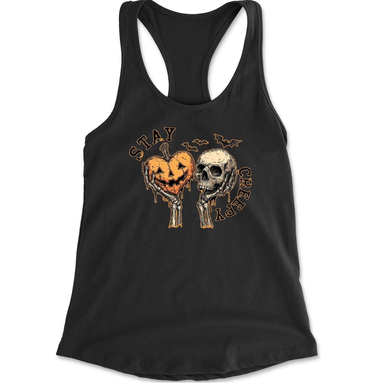 Stay Creepy Skull and Pumpkin Halloween Racerback Tank Top for Women Black