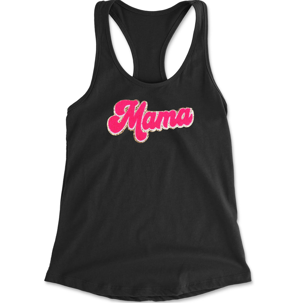 Mama Hot Pink Glitter Chenille Patch Racerback Tank Top for Women Black