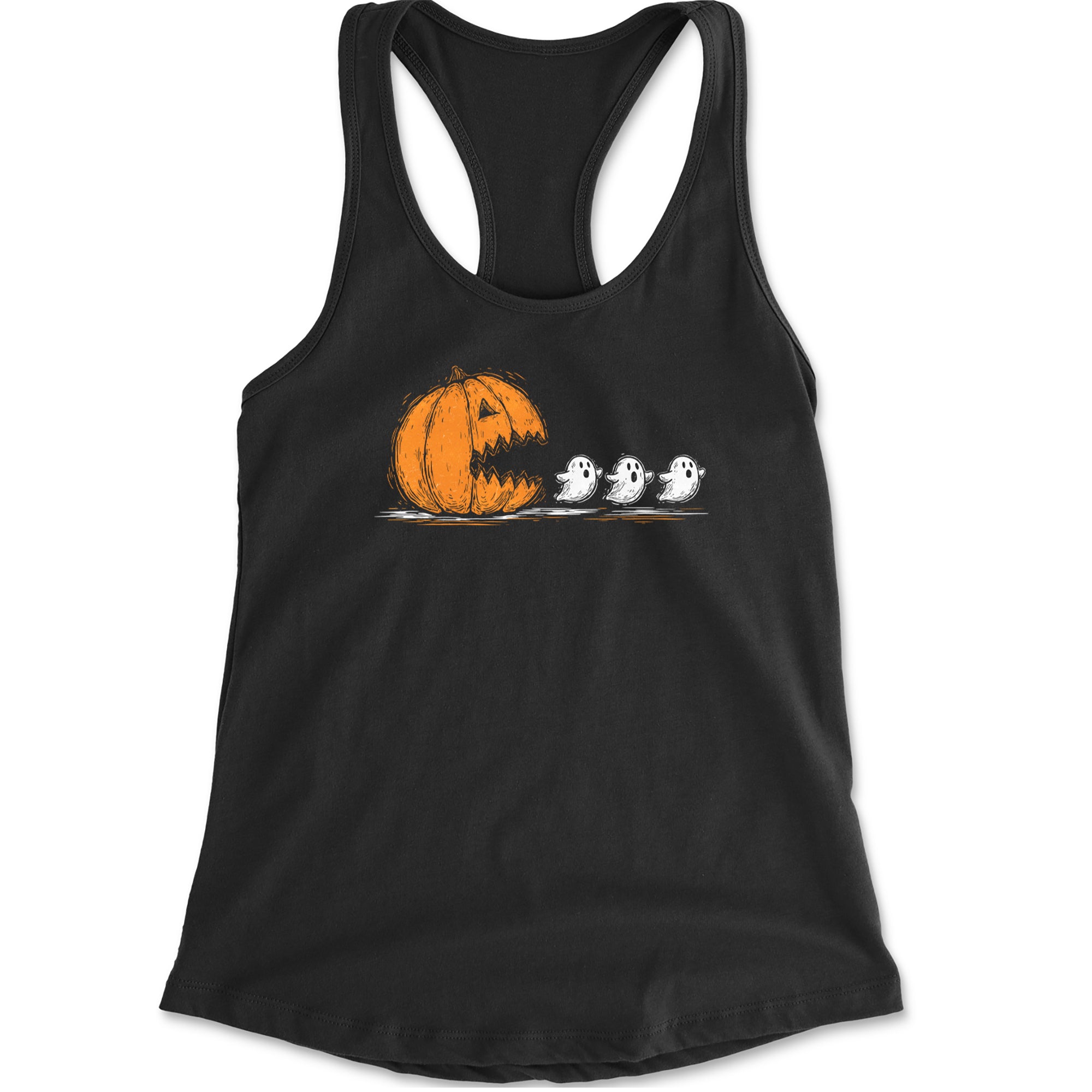 Pumpkin Pacman Chasing Ghosts Halloween Racerback Tank Top for Women Black