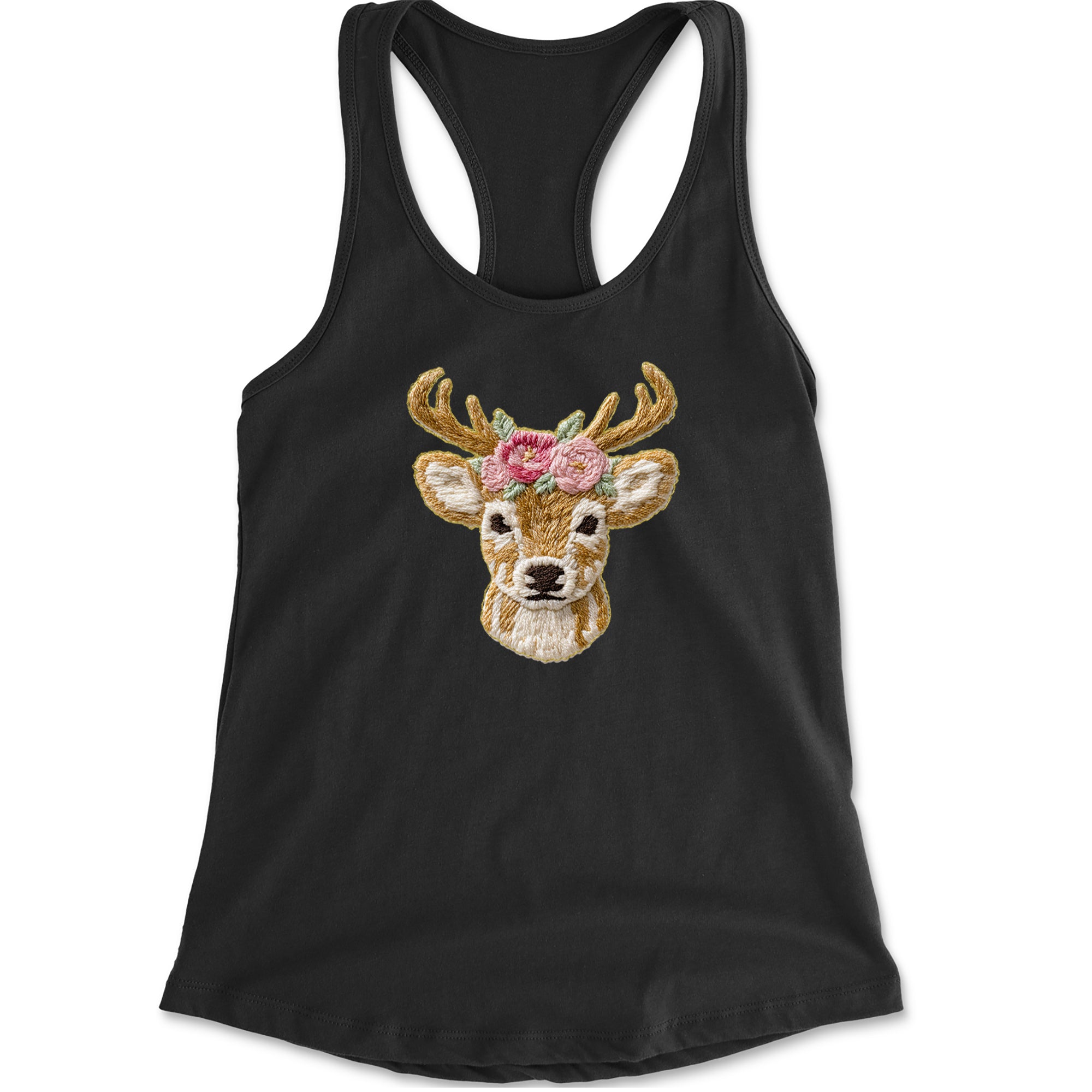 Vintage Reindeer Embroidery Art Soft Cottagecore Racerback Tank Top for Women Charcoal Grey