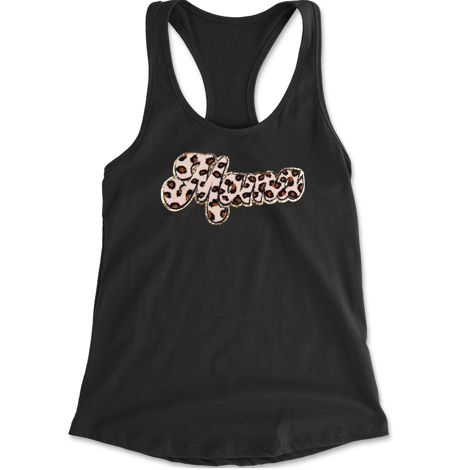 Mama Cheetah Print Glitter Chenille Patch Racerback Tank Top for Women Black