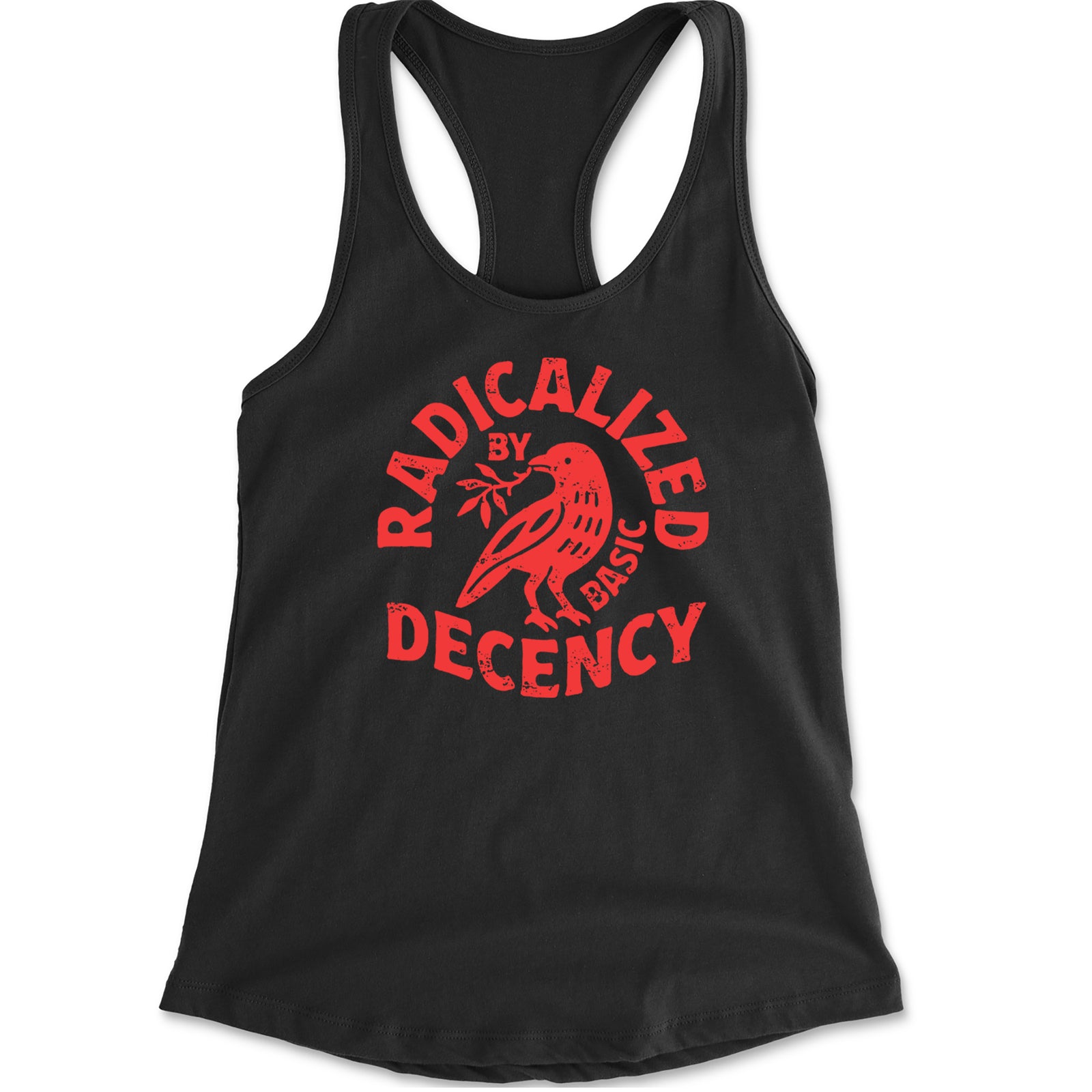 Radicalized by Basic Decency Dove Protest Statement Racerback Tank Top for Women Black