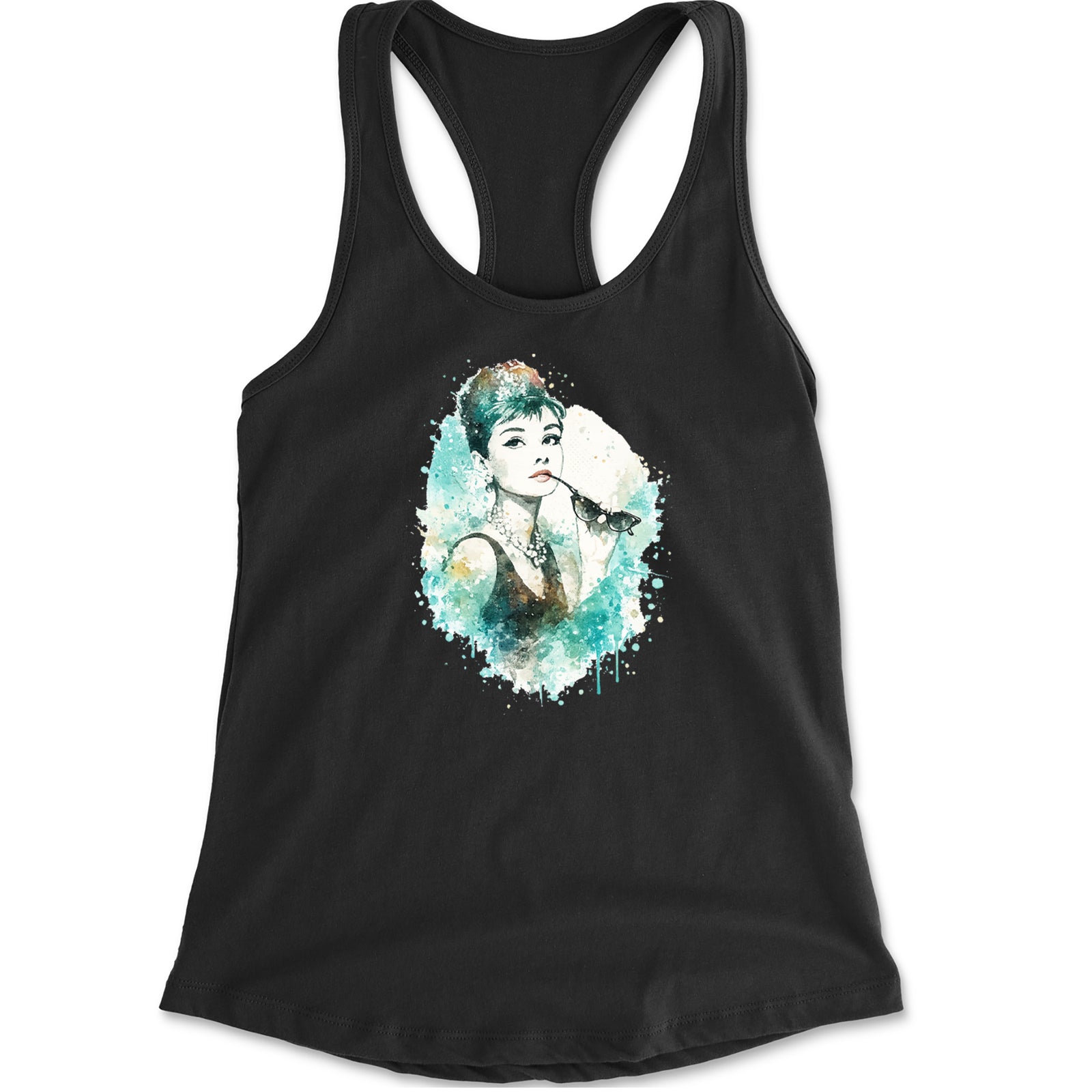 Mrs. Herpburn Iconic Watercolors Racerback Tank Top for Women Black