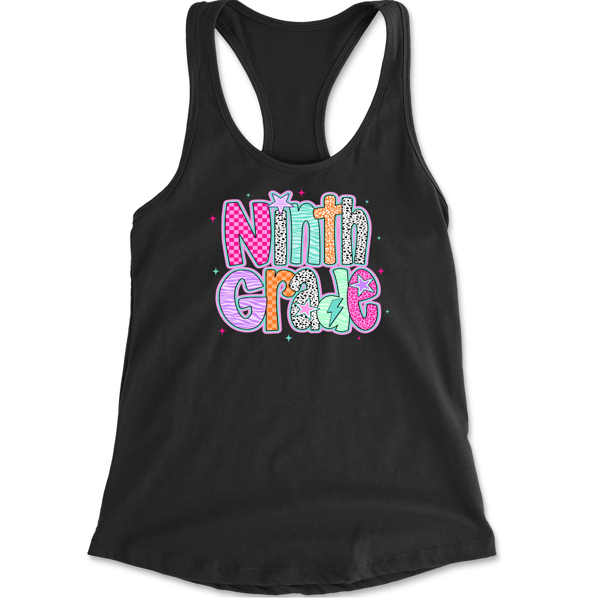 Ninth Grade Freshman Vibes Colorful Back to School Racerback Tank Top for Women Black