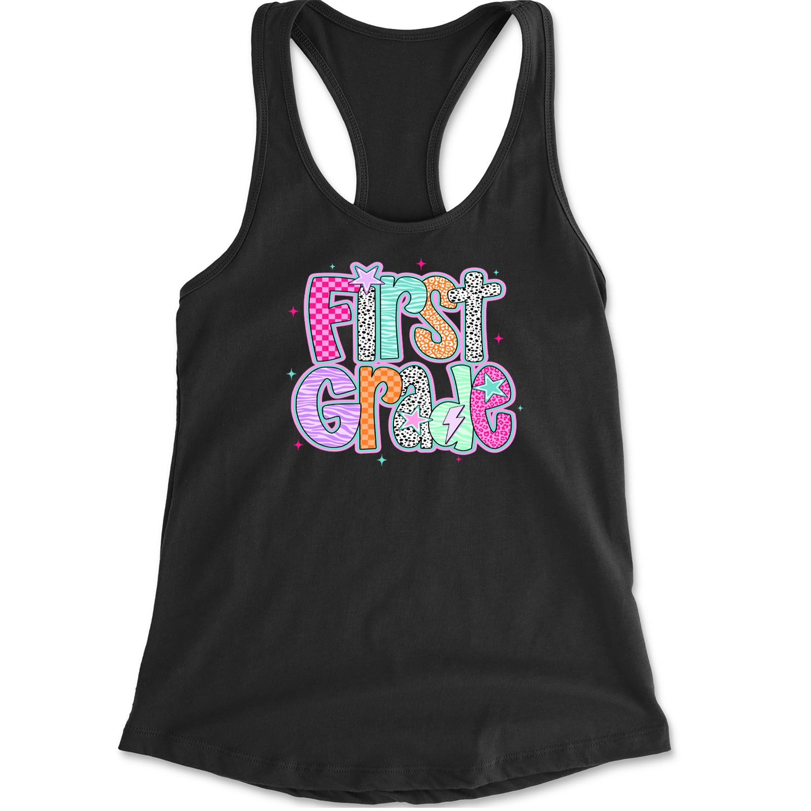 First Grade Vibes Colorful Back to School Racerback Tank Top for Women Black