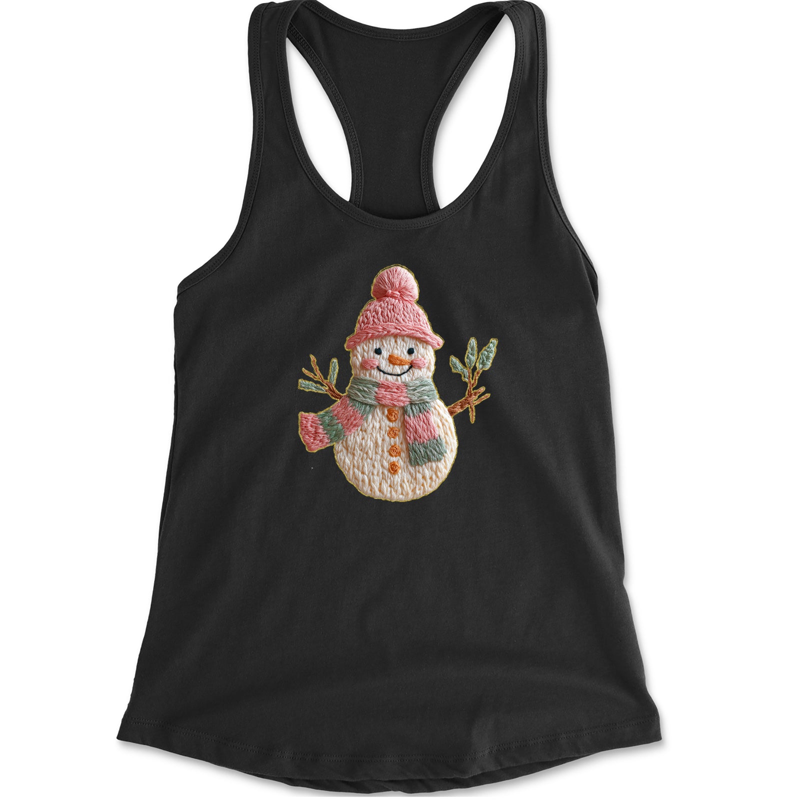 Vintage Snowman Embroidery Art Soft Cottagecore Racerback Tank Top for Women Black