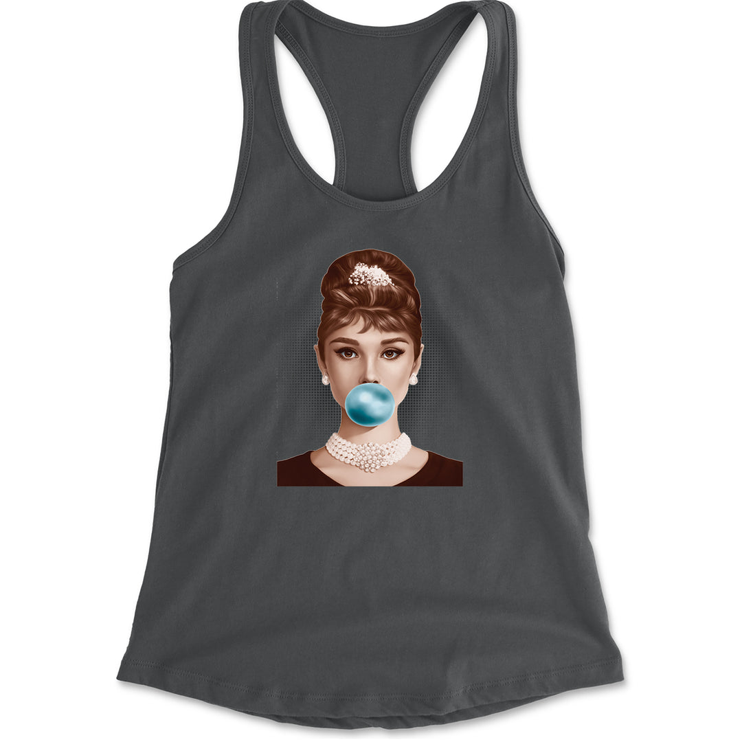 Audrey Hepburn Chewing Bubble Gum American Icon Racerback Tank Top for Women Charcoal Grey