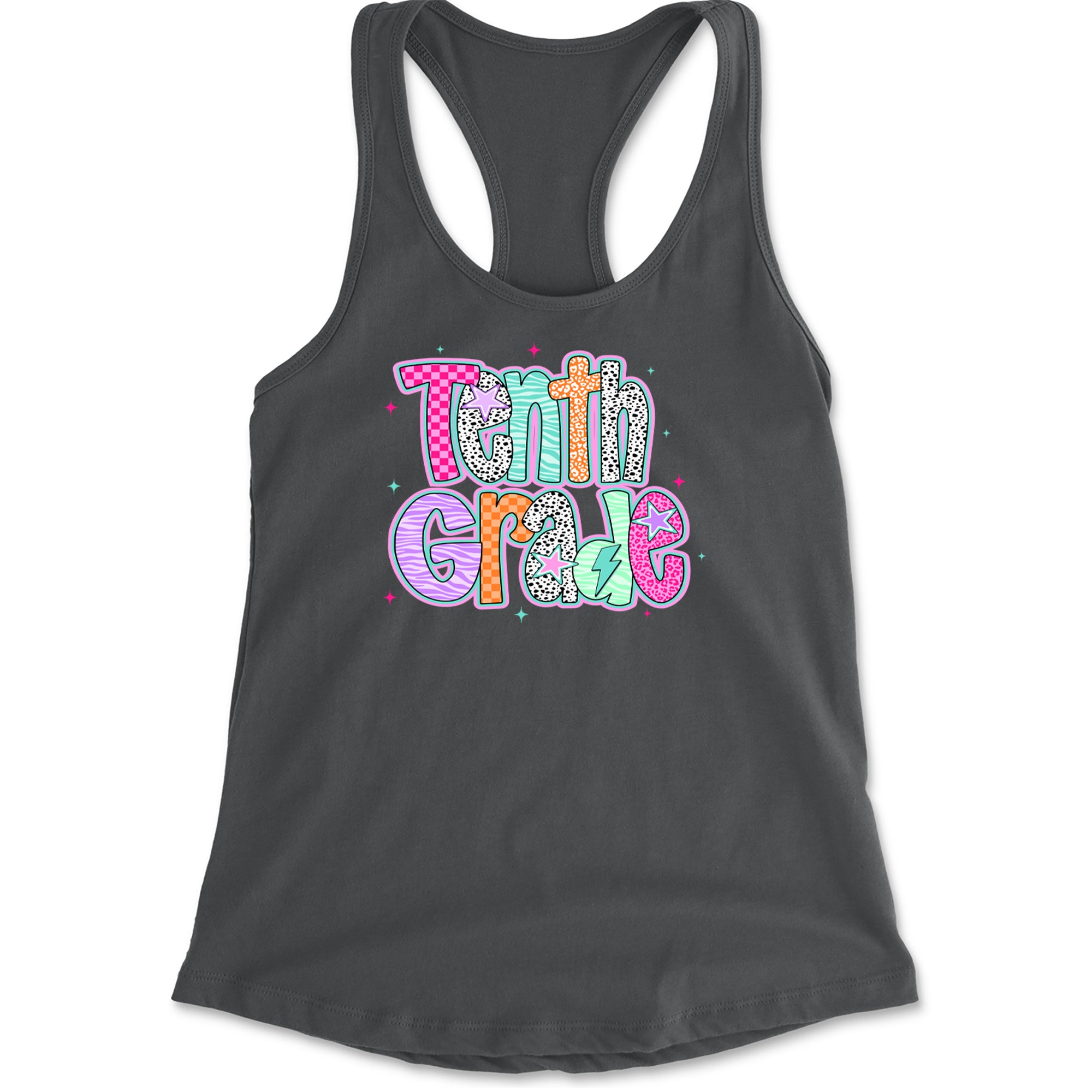 Tenth Grade Trendsetter Colorful Back to School Racerback Tank Top for Women Charcoal Grey