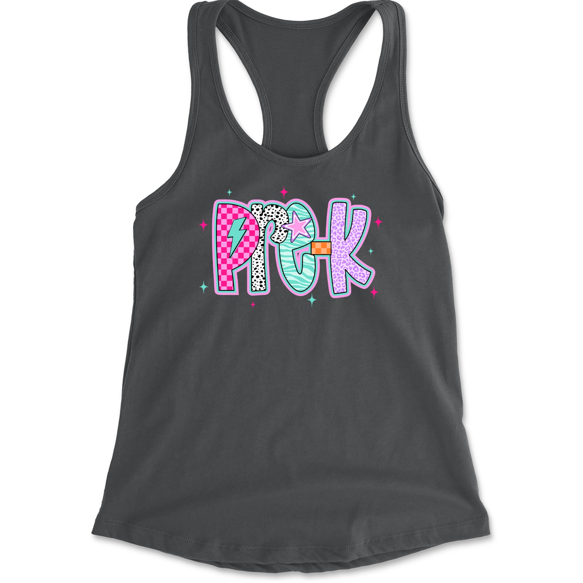 Pre-K Party Time Colorful Back to School Racerback Tank Top for Women Charcoal Grey