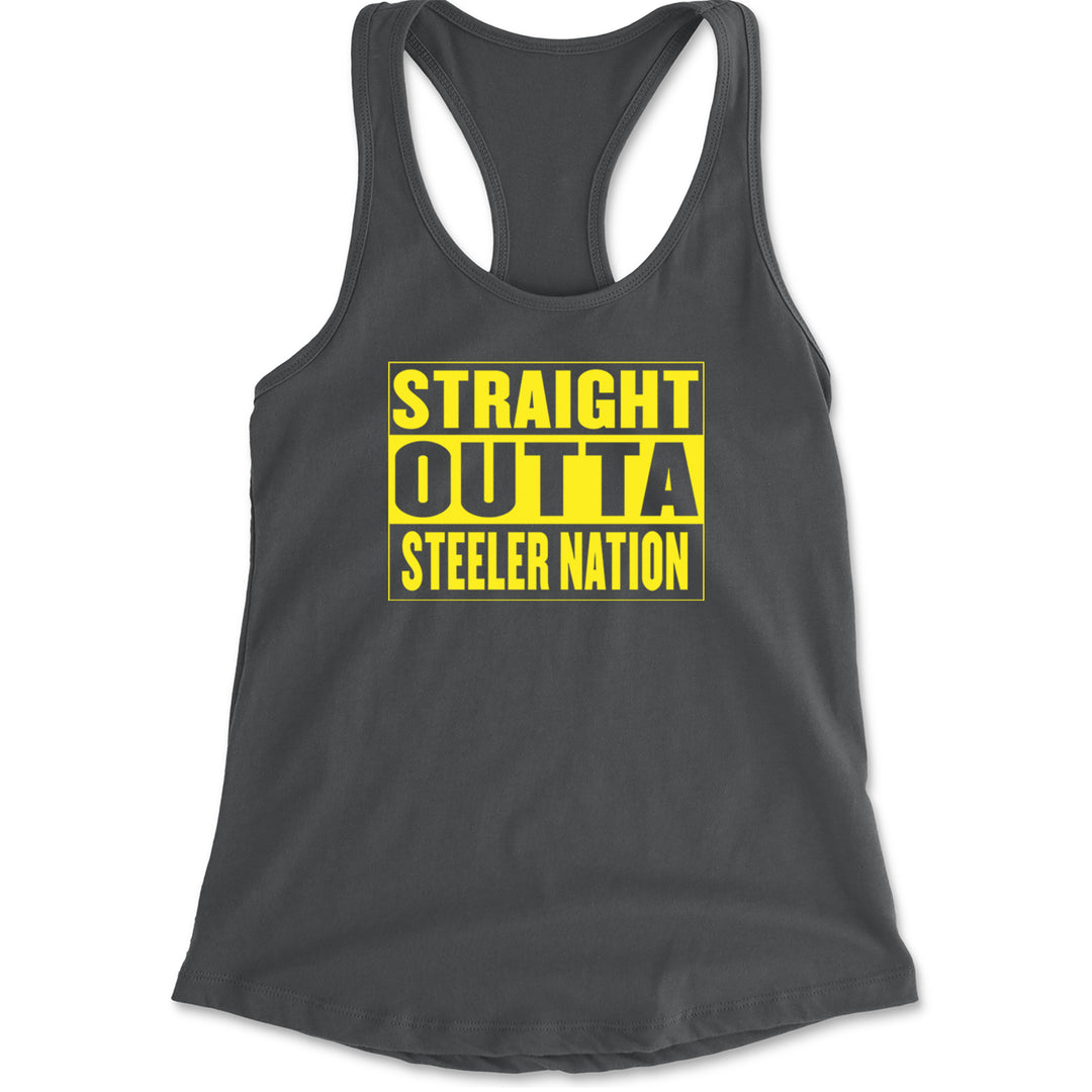 Straight Outta Steeler Nation Football graphic on Women's Lightweight Racerback Tank in Charcoal Grey