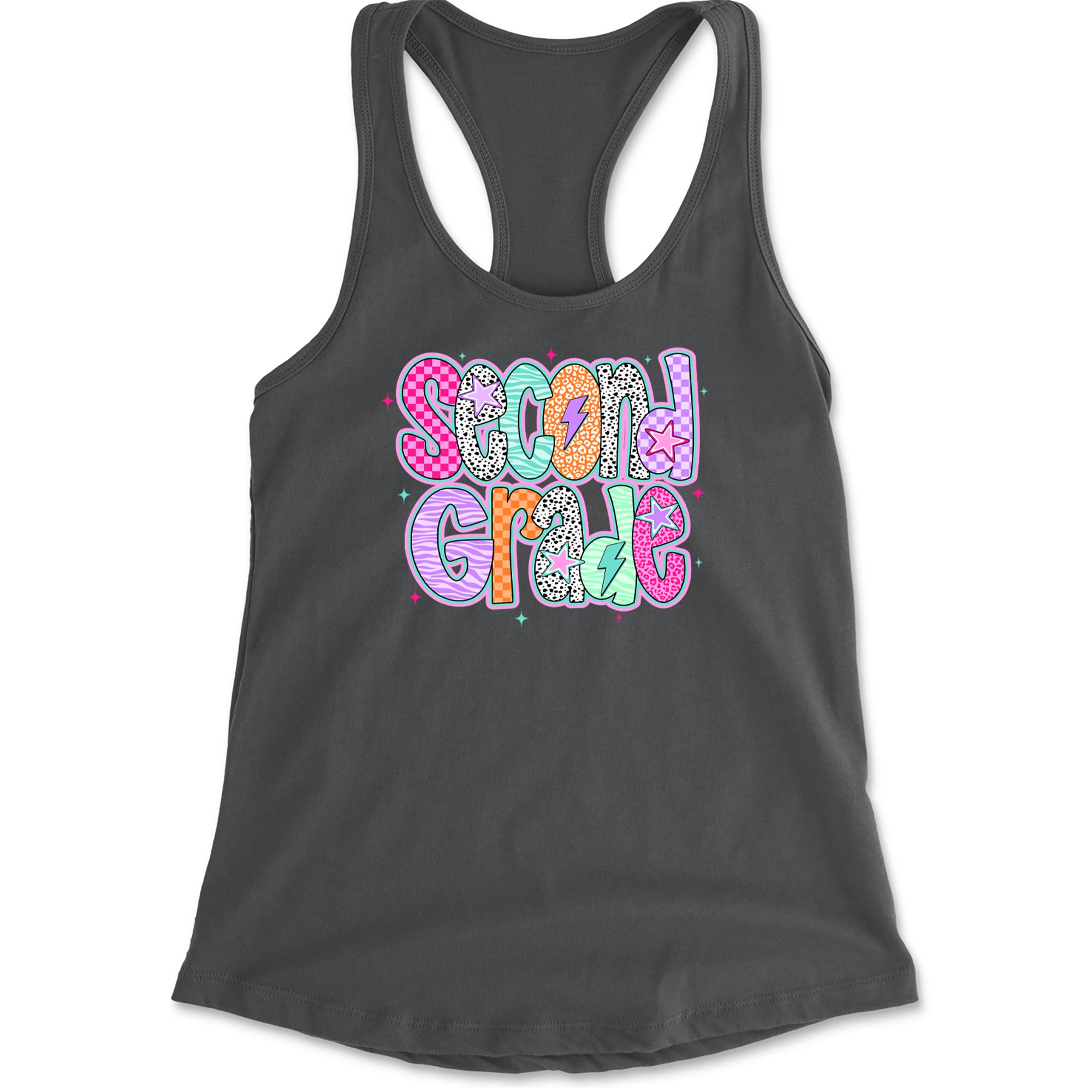 Second Grade Star Colorful Back to School Racerback Tank Top for Women Charcoal Grey