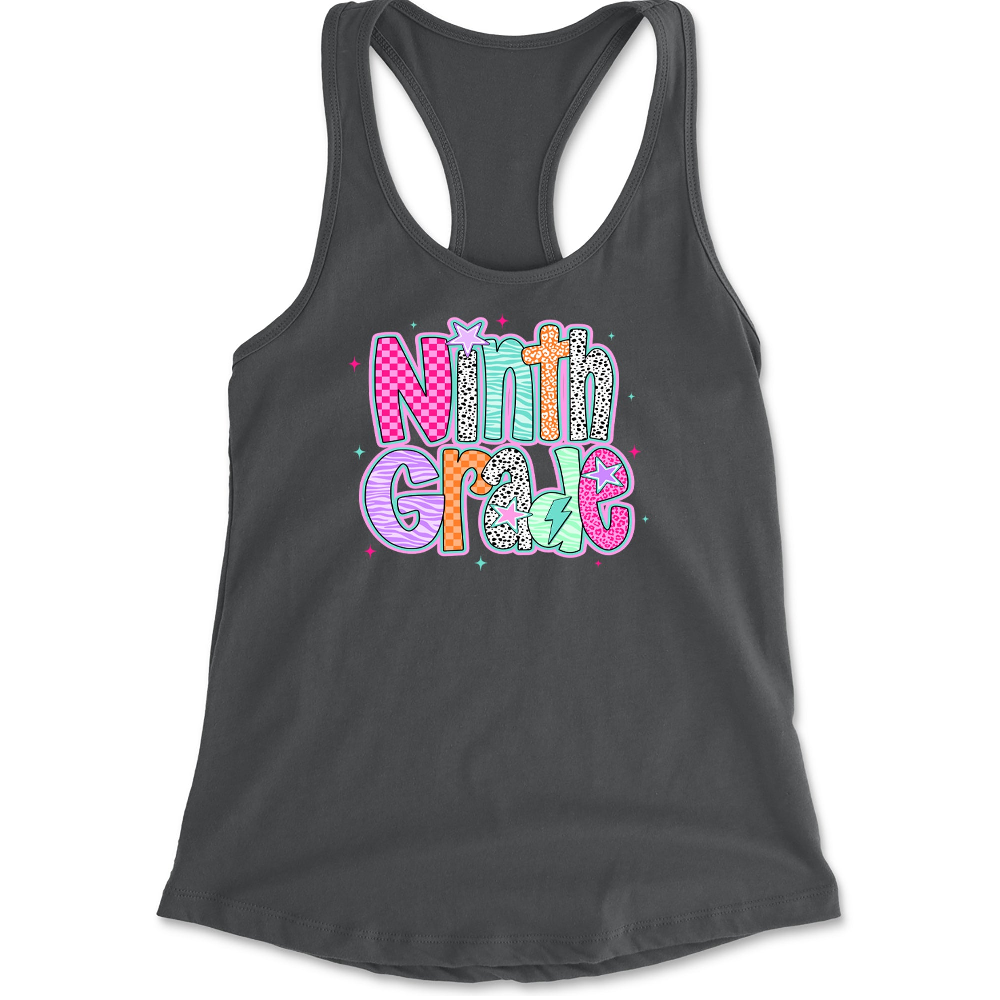 Ninth Grade Freshman Vibes Colorful Back to School Racerback Tank Top for Women Charcoal Grey