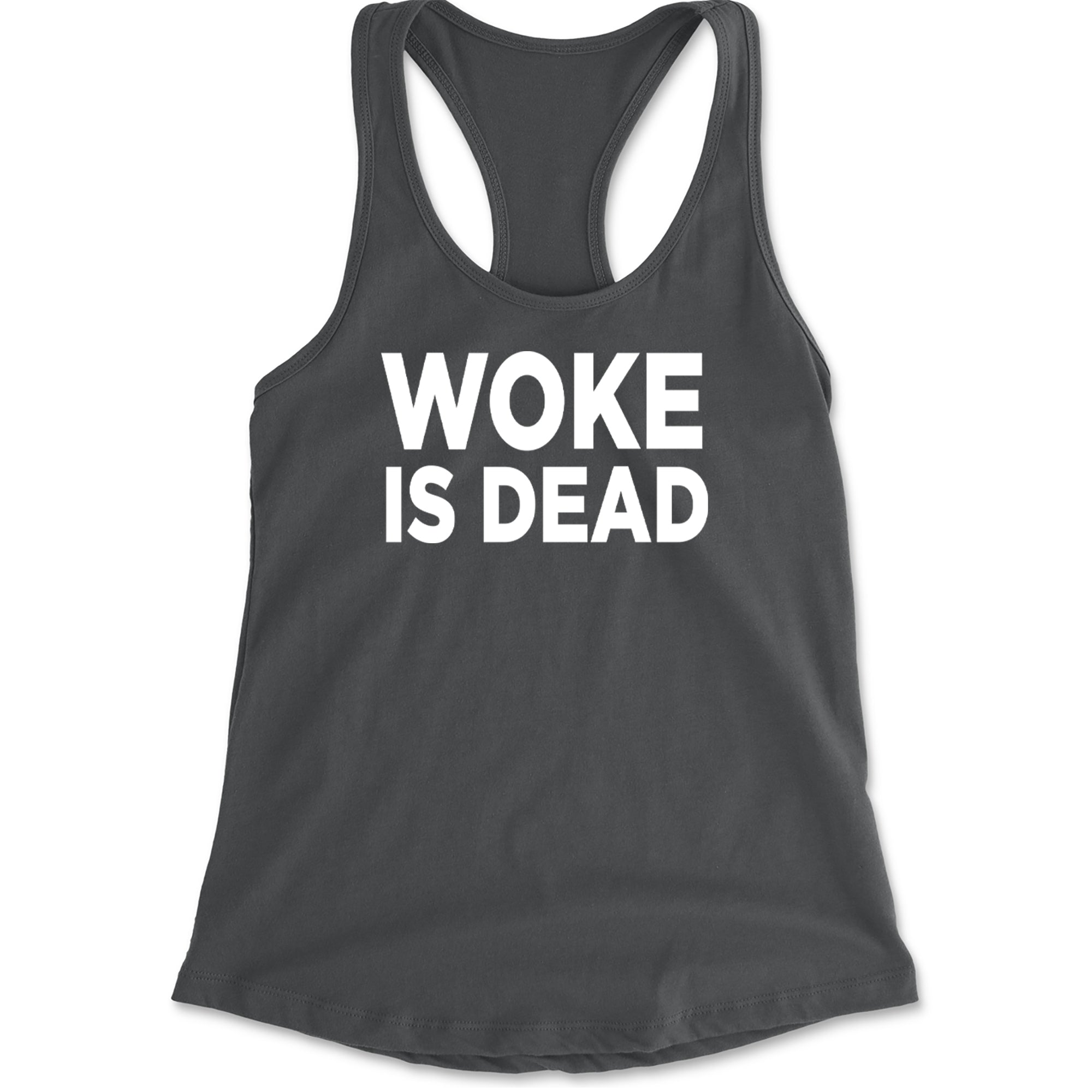 Woke Is Dead Satire Racerback Tank Top for Women Charcoal Grey