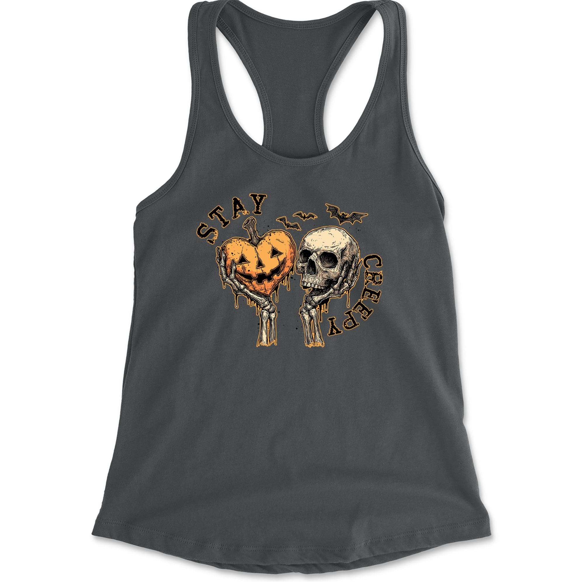 Stay Creepy Skull and Pumpkin Halloween Racerback Tank Top for Women Charcoal Grey