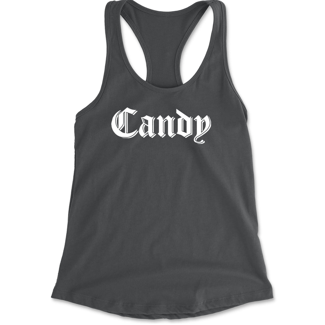 Candy Gothic Lettering Racerback Tank Top for Women Charcoal Grey