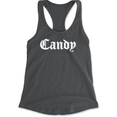 Candy Gothic Lettering Racerback Tank Top for Women Charcoal Grey