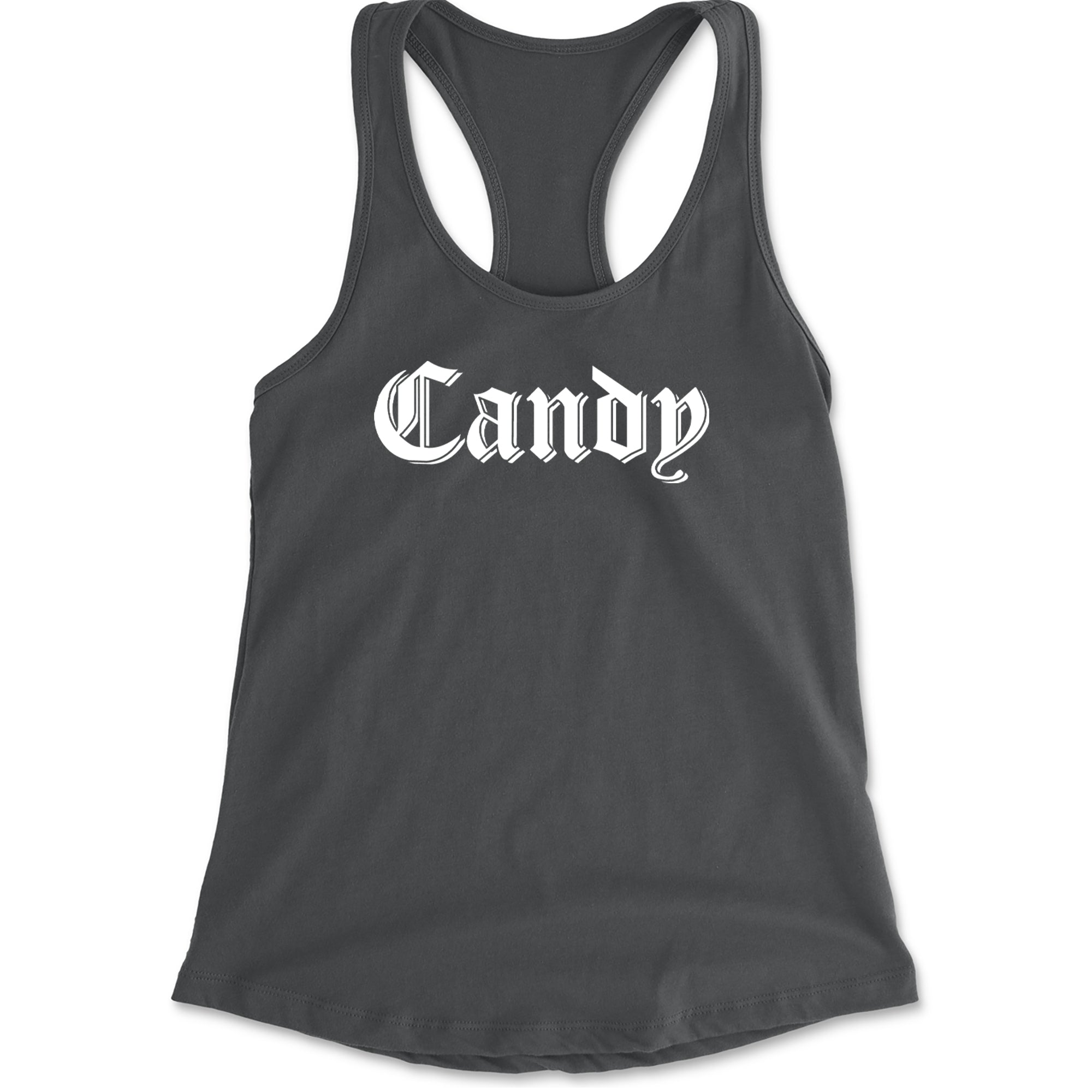 Candy Gothic Lettering Racerback Tank Top for Women Charcoal Grey