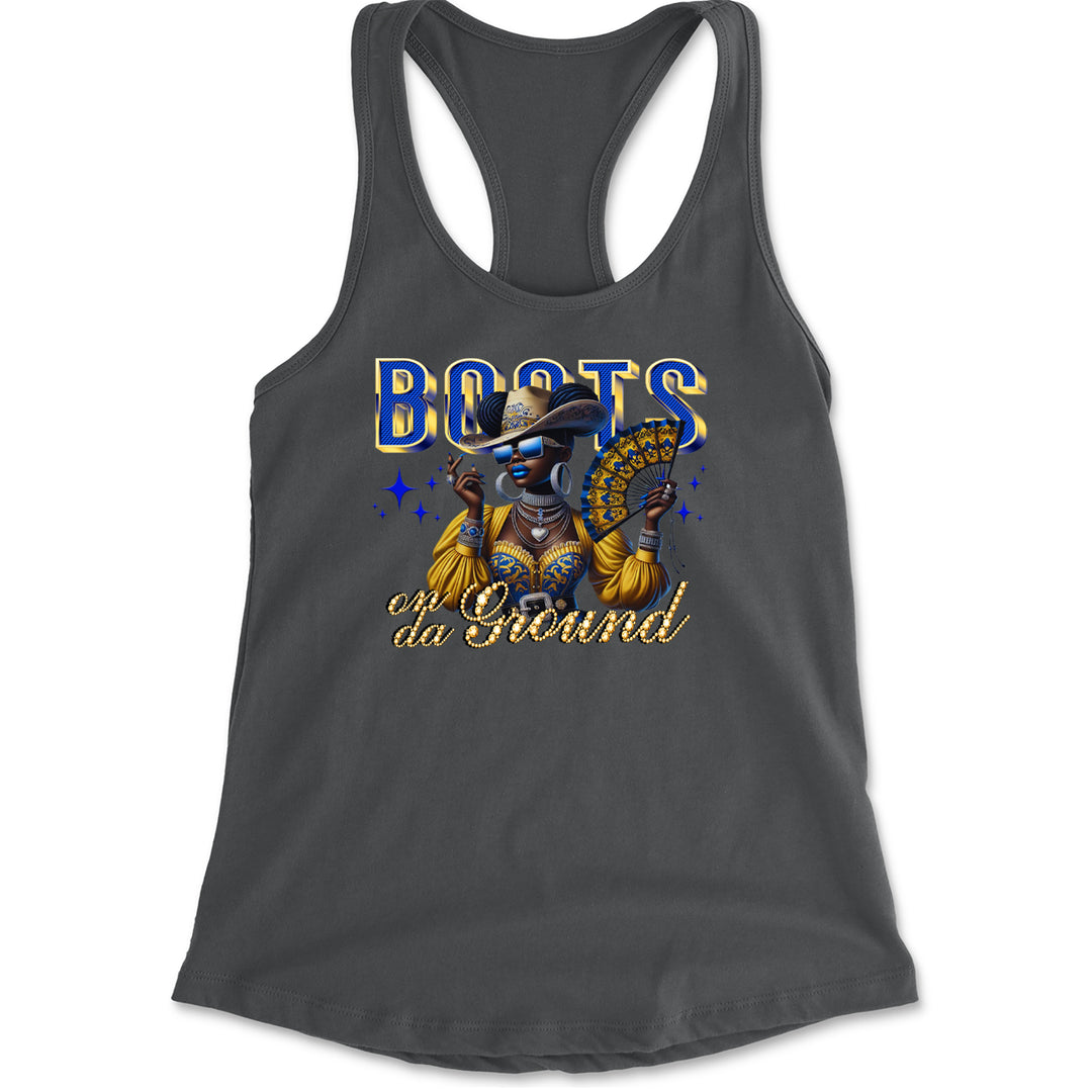 Boots On Da Ground Folding Fan Racerback Tank Top for Women Charcoal Grey