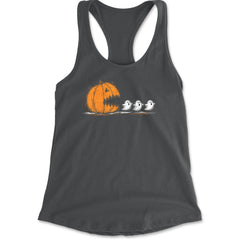 Pumpkin Pacman Chasing Ghosts Halloween Racerback Tank Top for Women Charcoal Grey