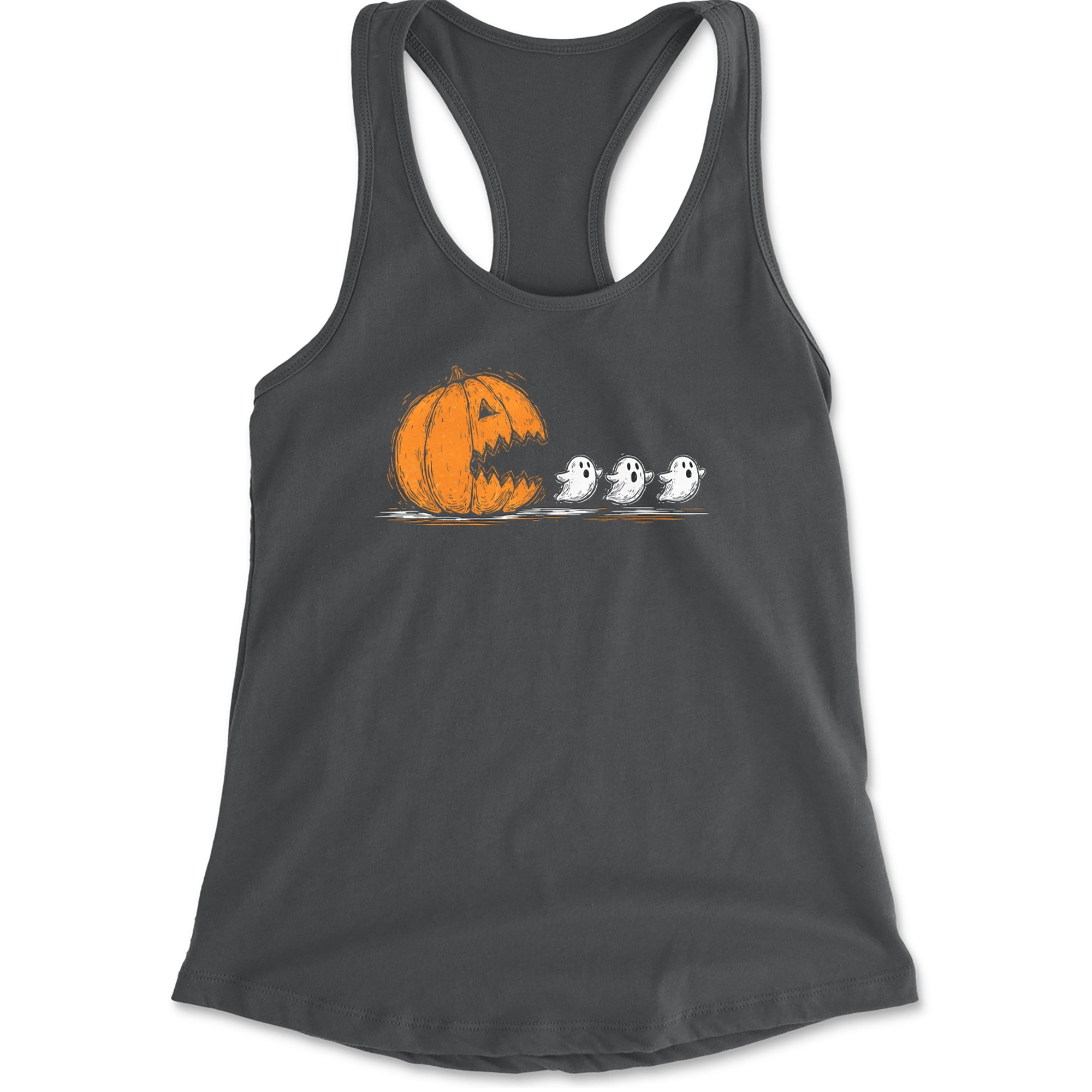 Pumpkin Pacman Chasing Ghosts Halloween Racerback Tank Top for Women Charcoal Grey