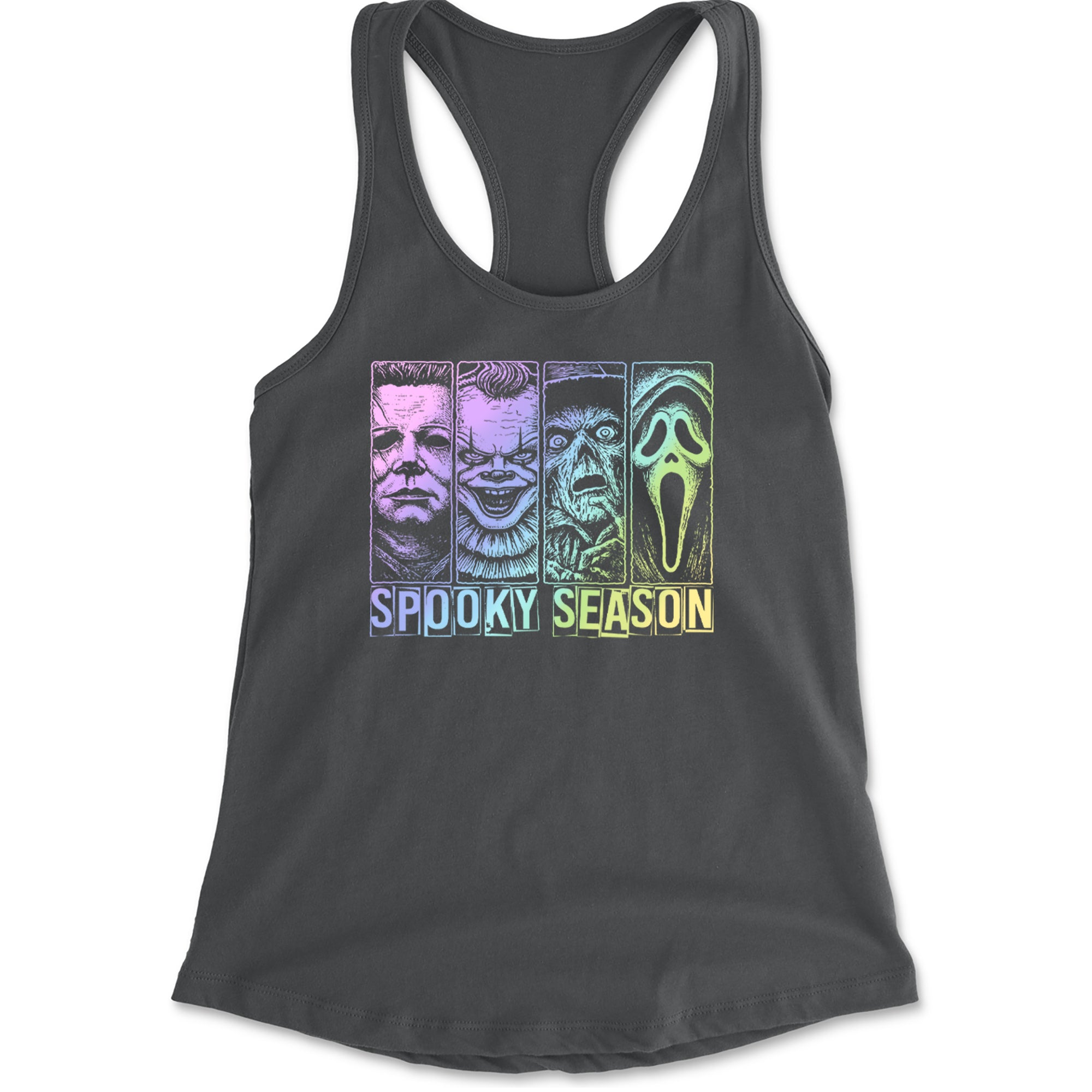 Spooky Season Horror Icons Halloween Racerback Tank Top for Women Charcoal Grey