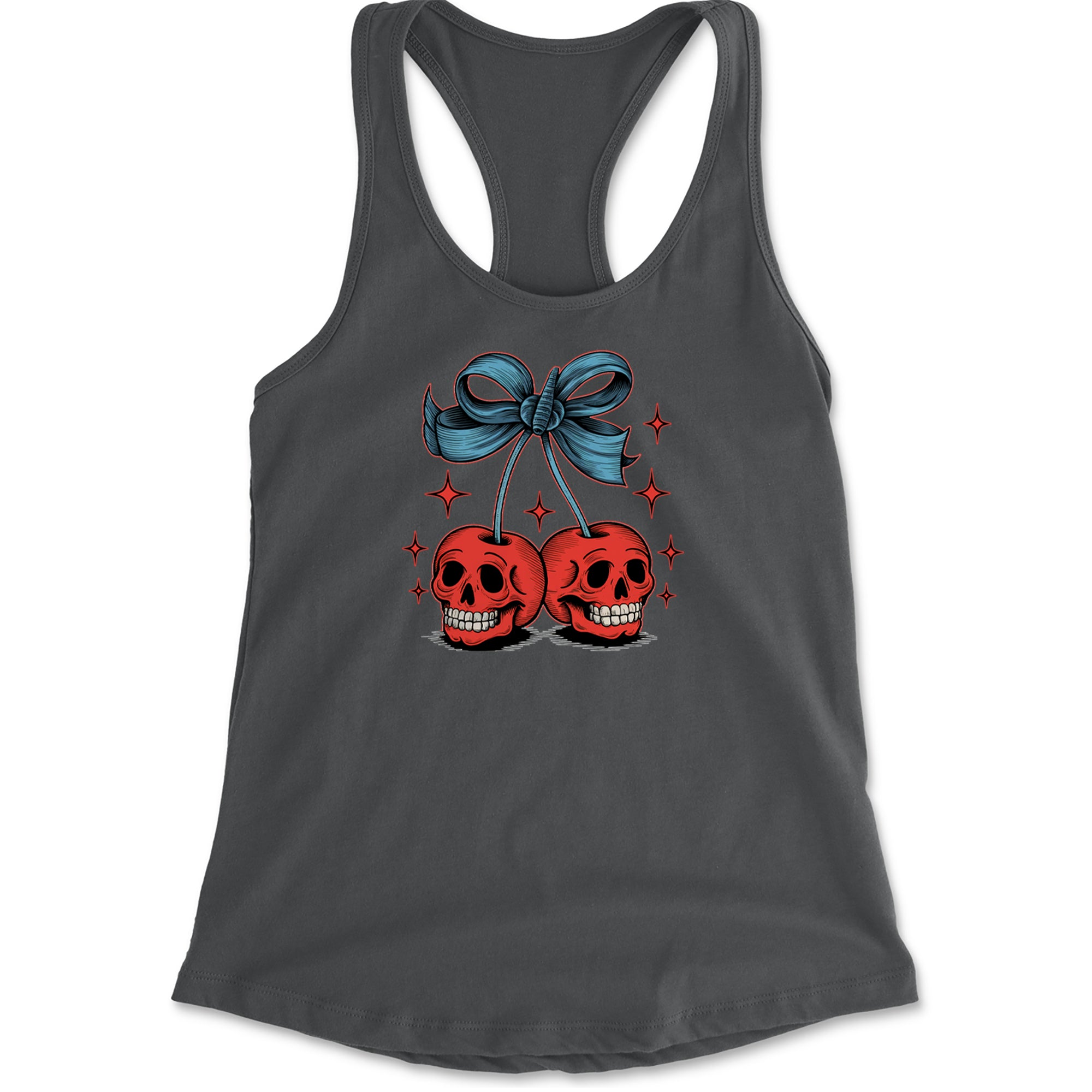 Cherry Skulls Retro Tattoo Racerback Tank Top for Women Charcoal Grey